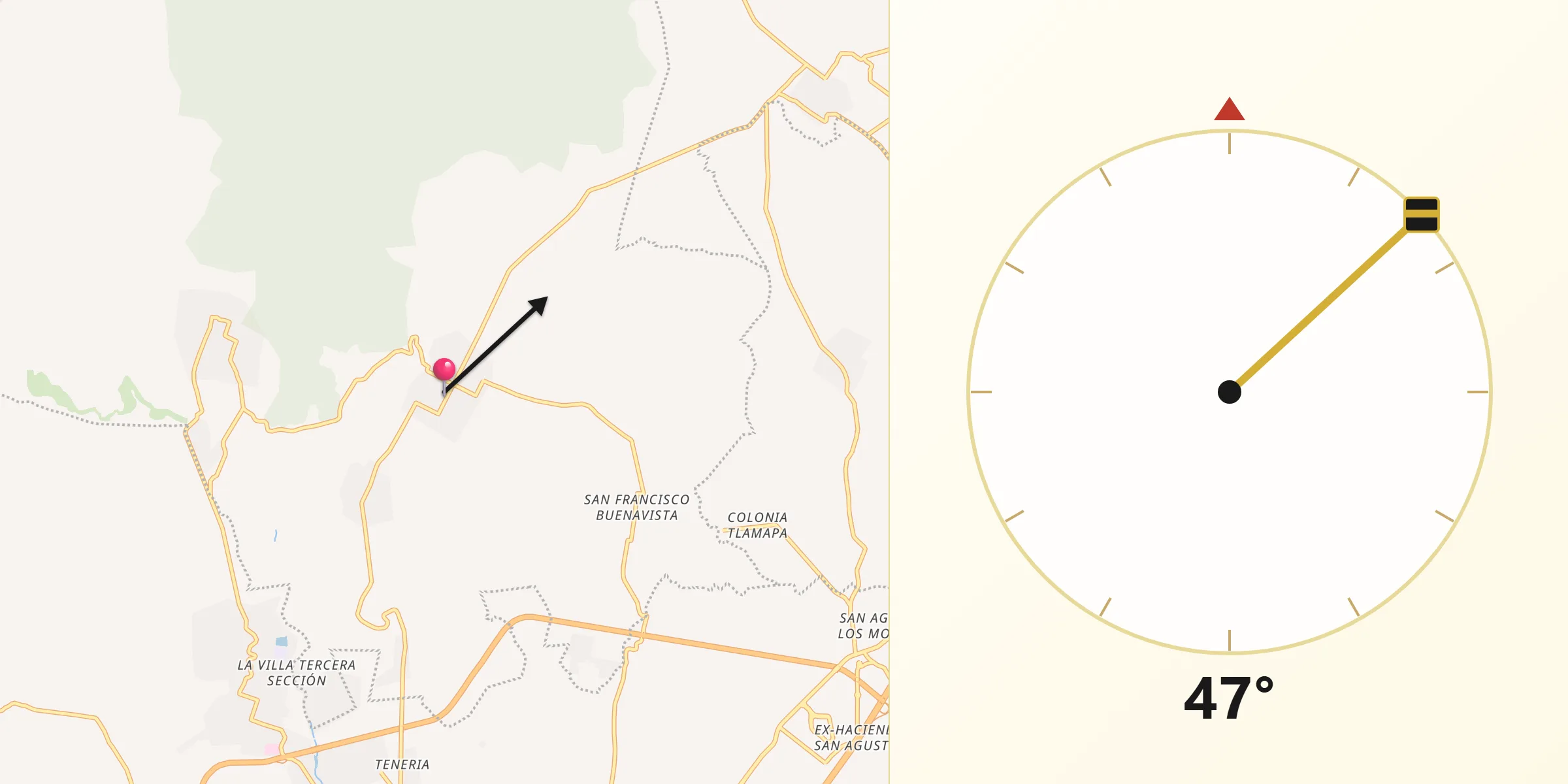 Dirección de la Qibla desde Tianguismanalco