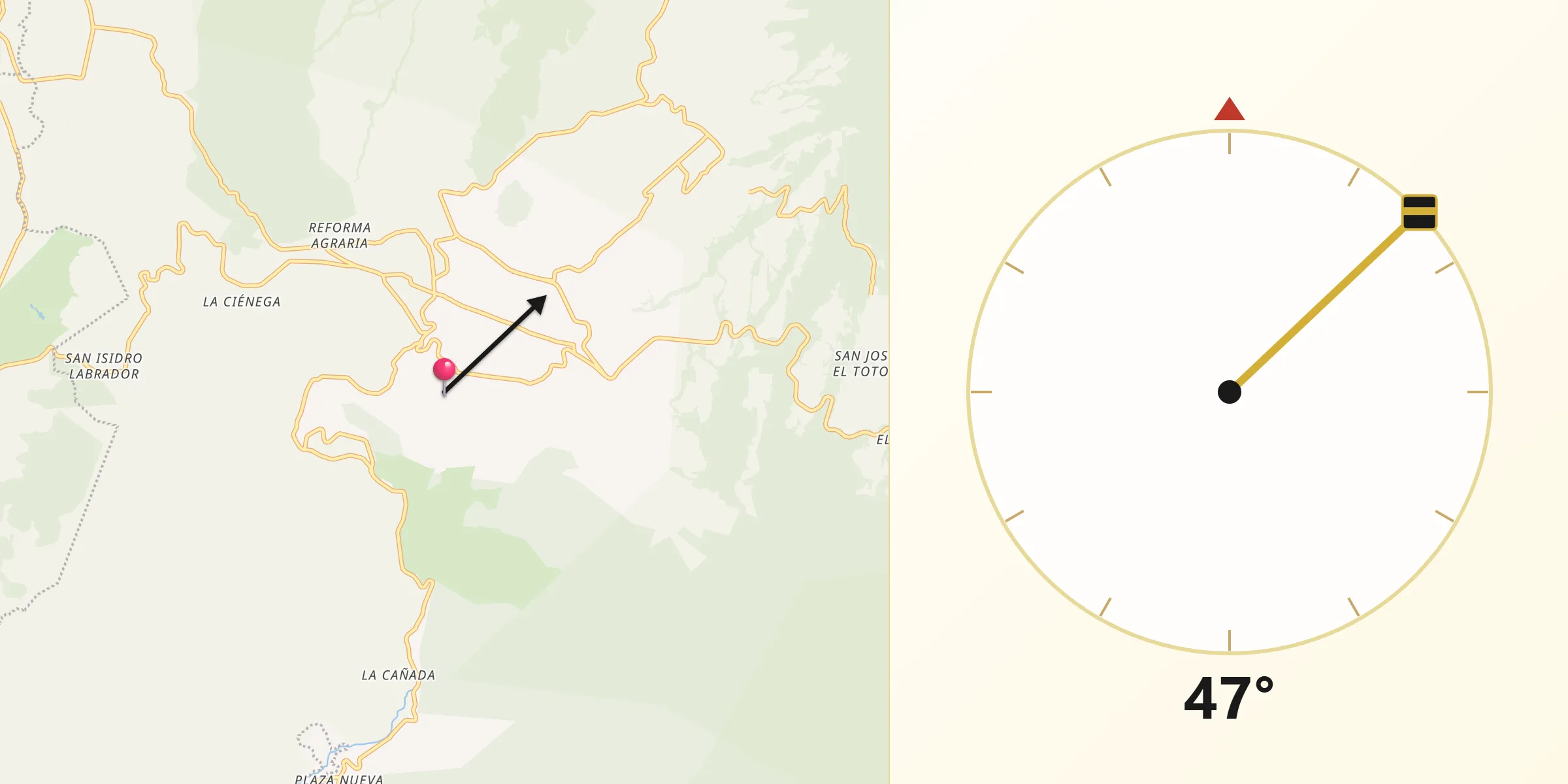 Dirección de la Qibla desde Ocuilan de Arteaga