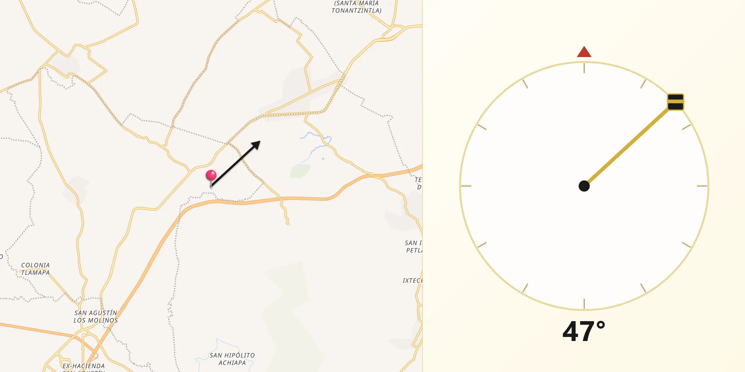 Dirección de la Qibla desde San Pablo Ahuatempa
