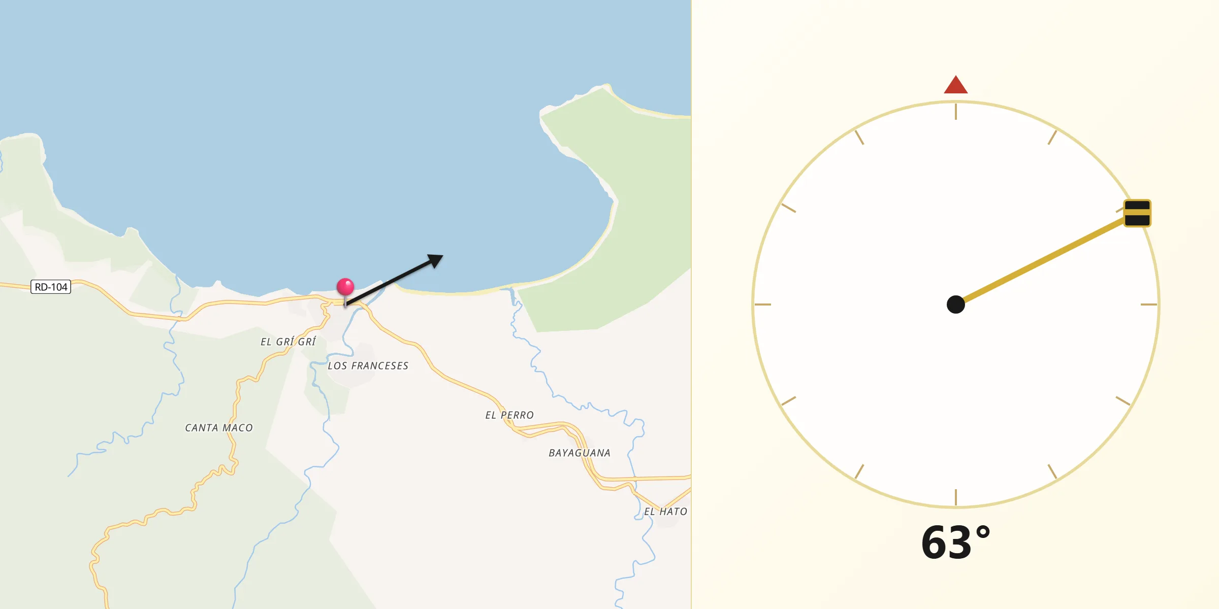 Dirección de la Qibla desde Miches