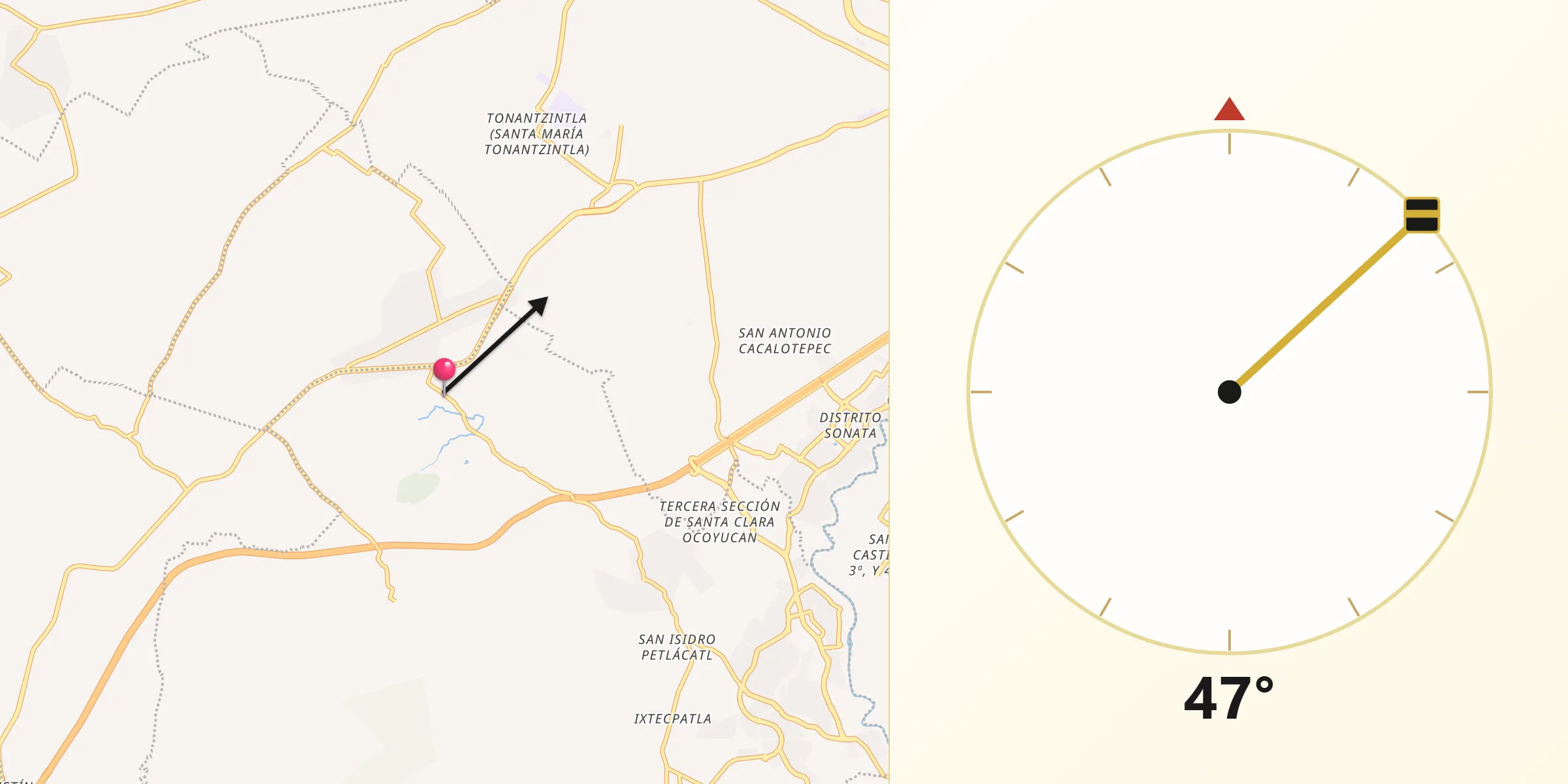 Dirección de la Qibla desde San Bernabé Temoxtitla