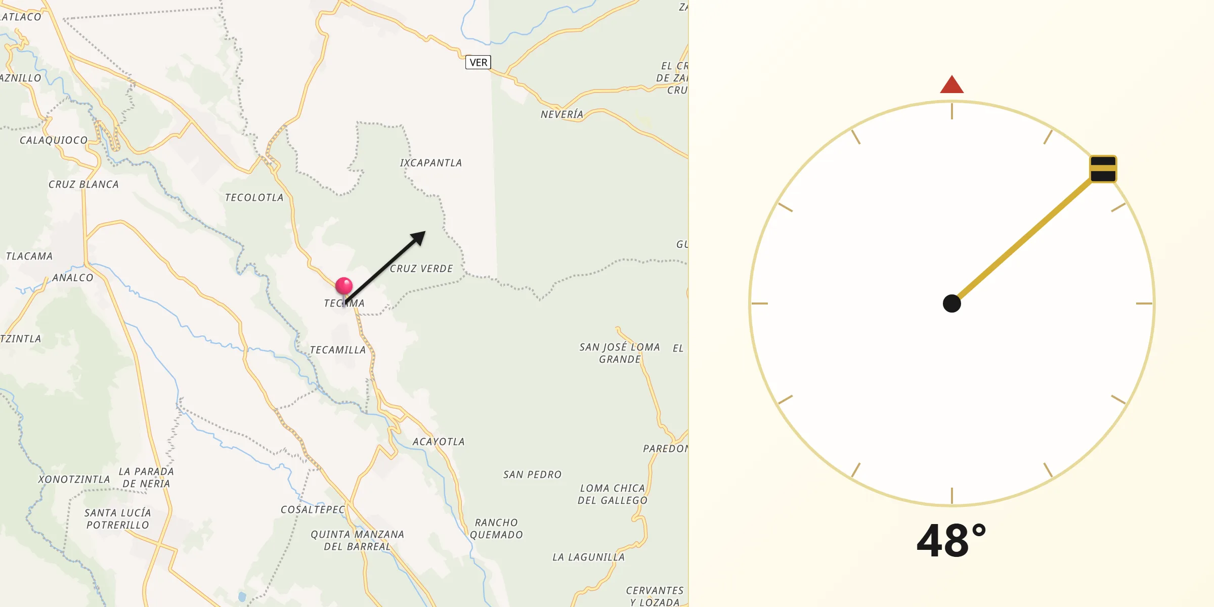 Dirección de la Qibla desde Tecama