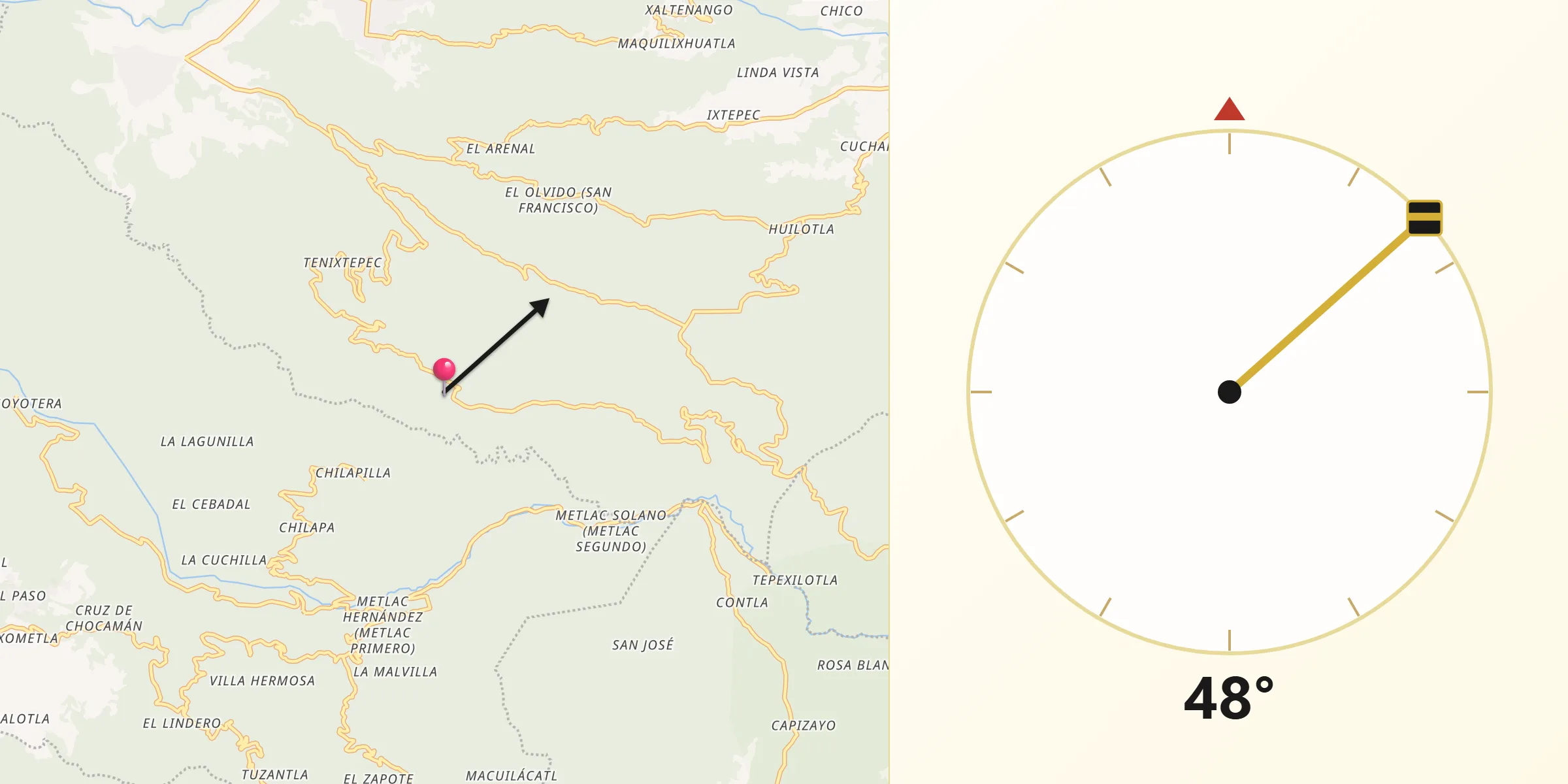 Dirección de la Qibla desde Zacatla