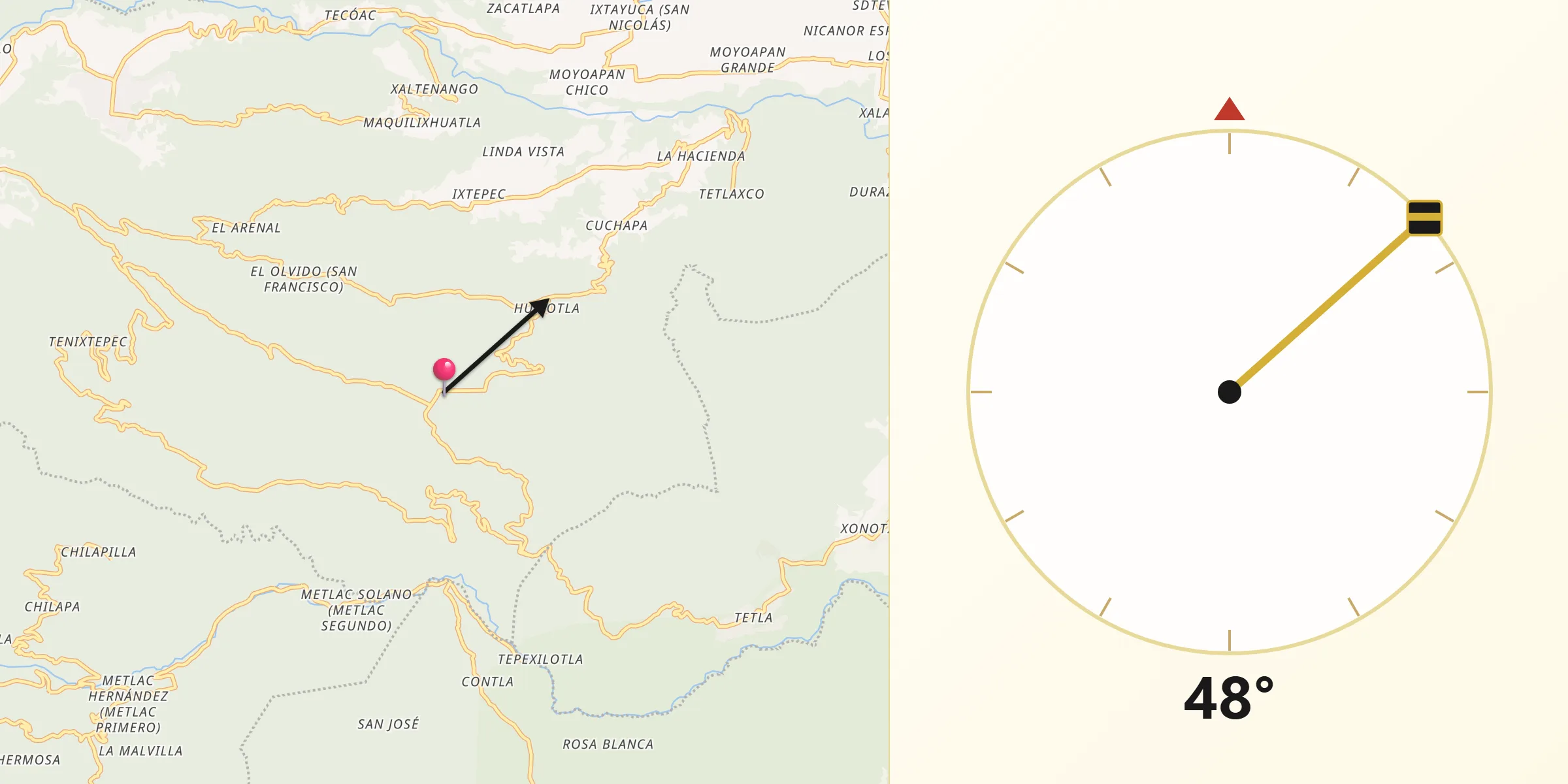 Dirección de la Qibla desde Xocotla