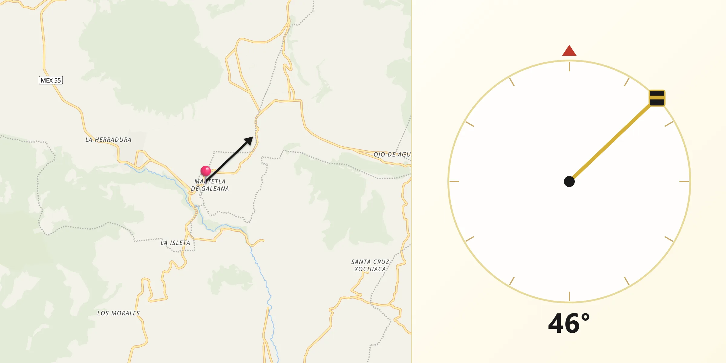 Dirección de la Qibla desde Maxtleca de Galeana
