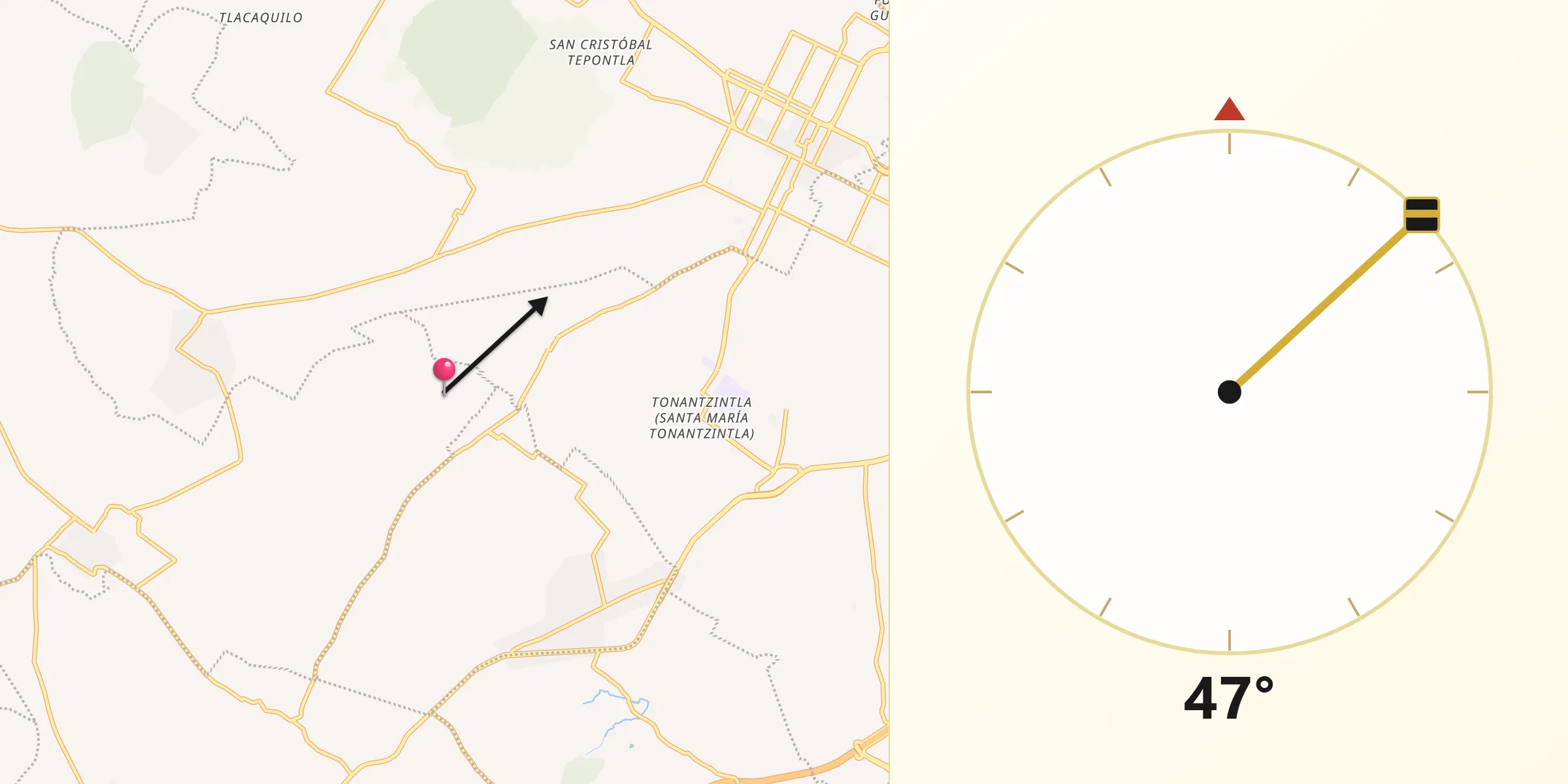 Dirección de la Qibla desde Los Reyes Tlanechicolpan