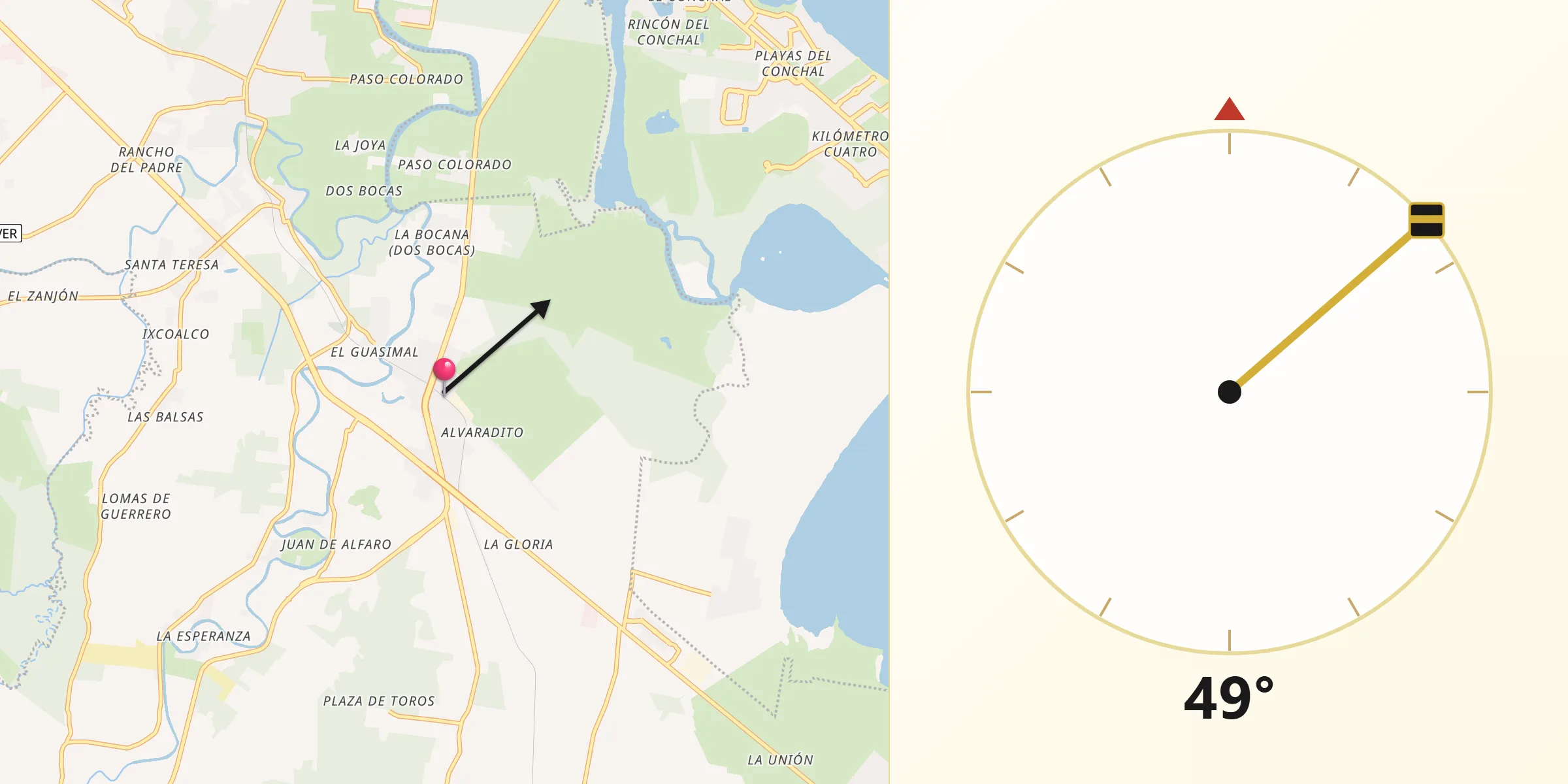 Dirección de la Qibla desde Paso del Toro