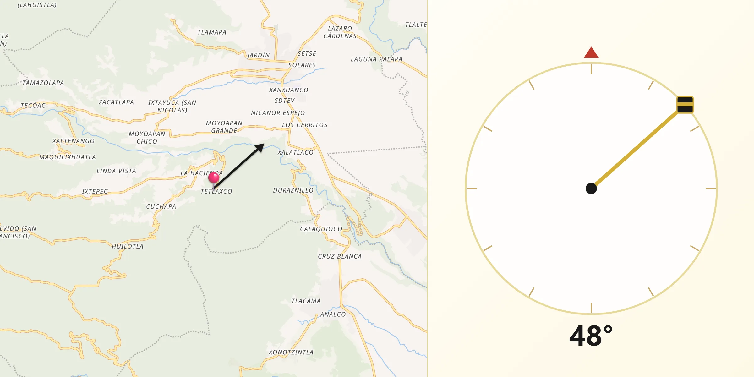 Dirección de la Qibla desde Tetlaxco