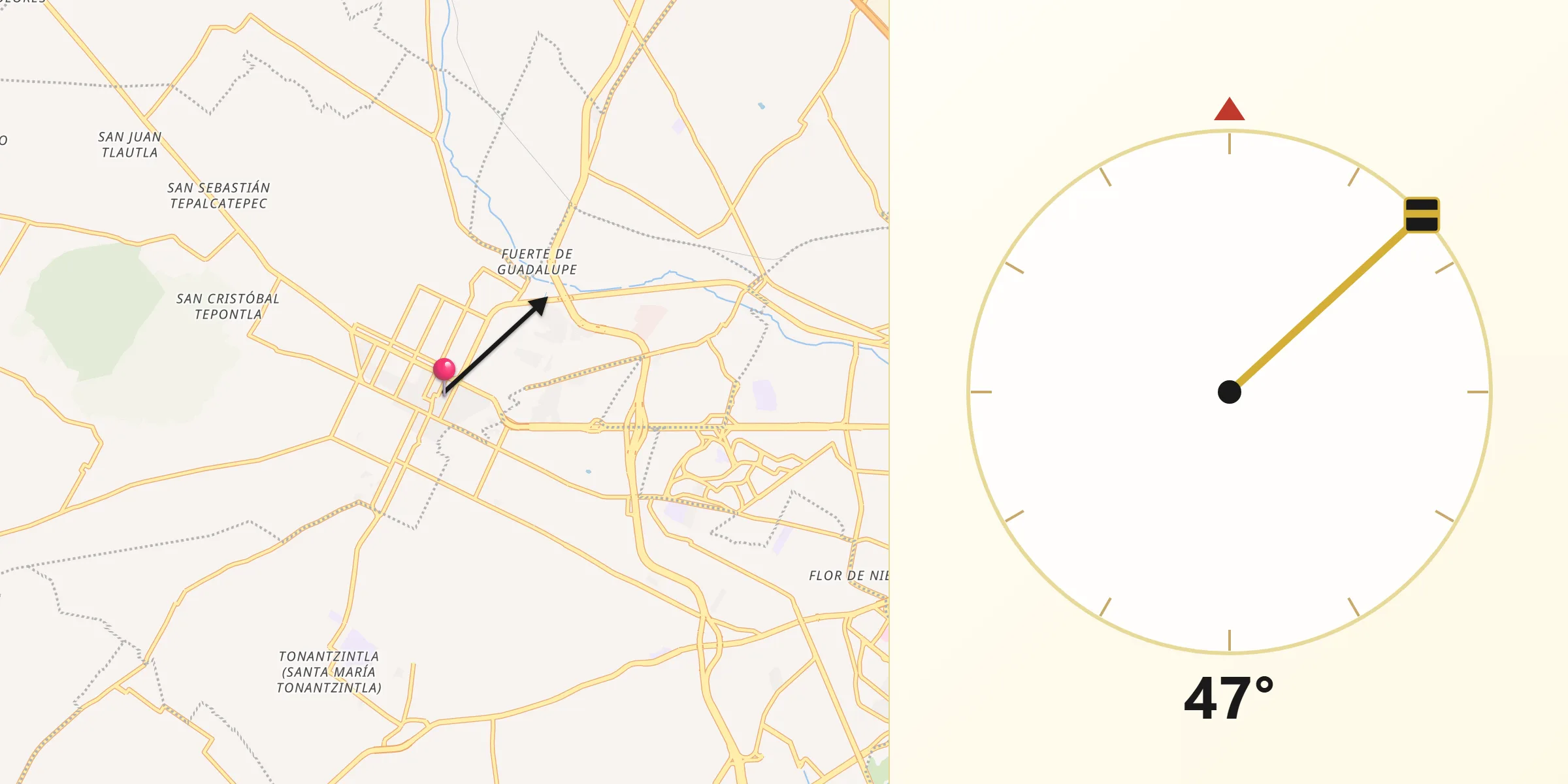 Dirección de la Qibla desde Cholula