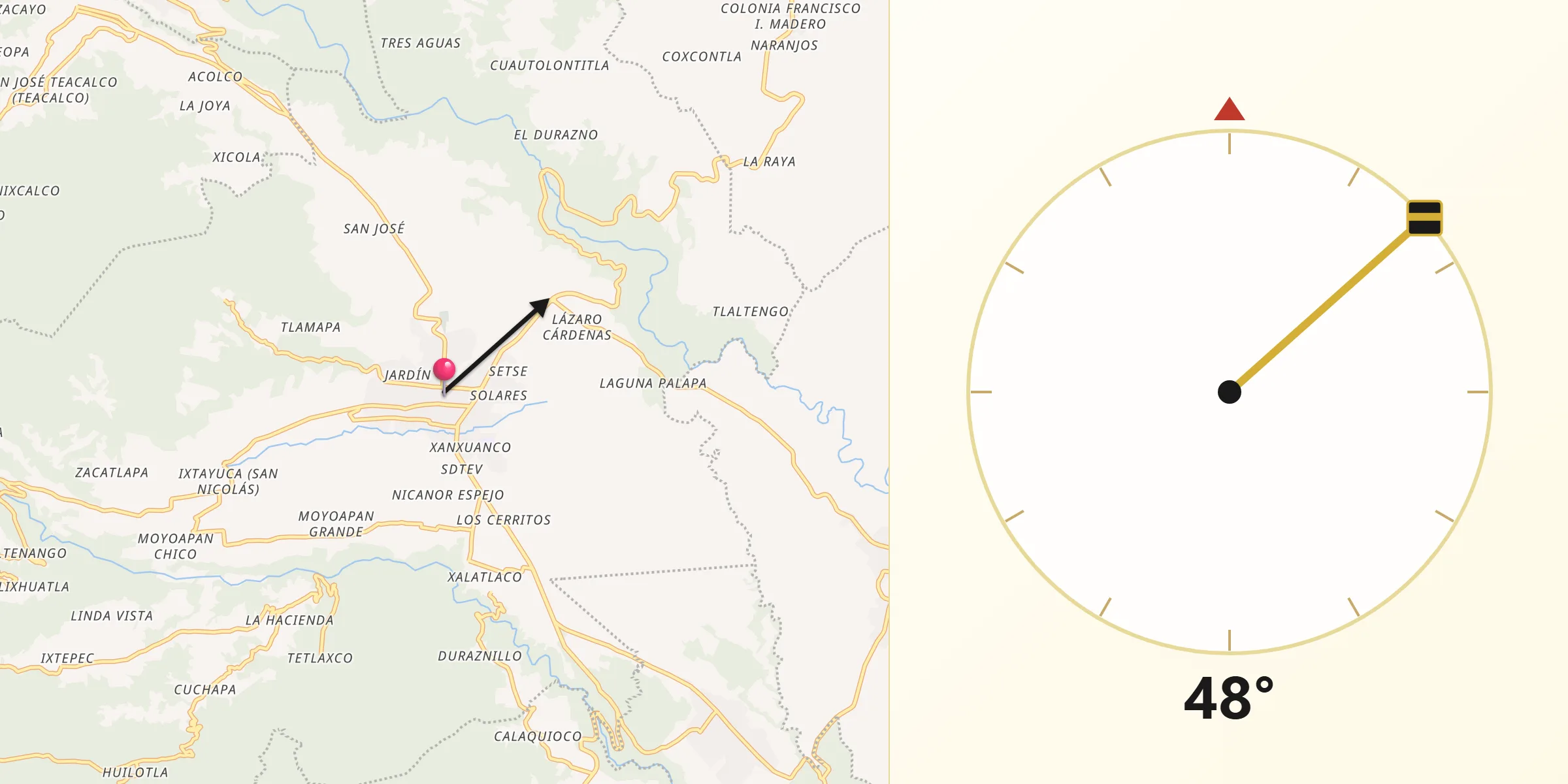 Dirección de la Qibla desde Coscomatepec de Bravo
