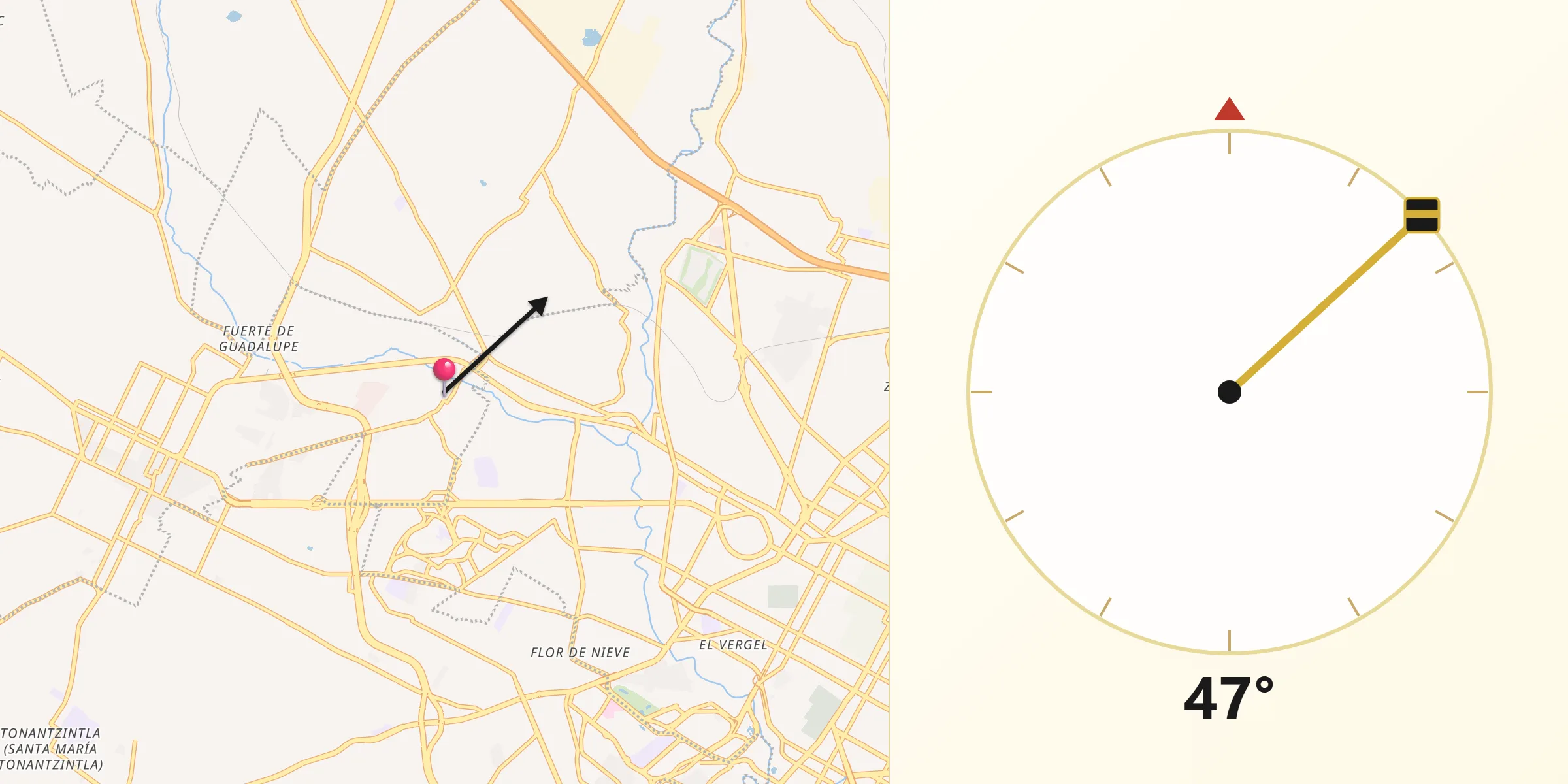 Dirección de la Qibla desde Santiago Momoxpan