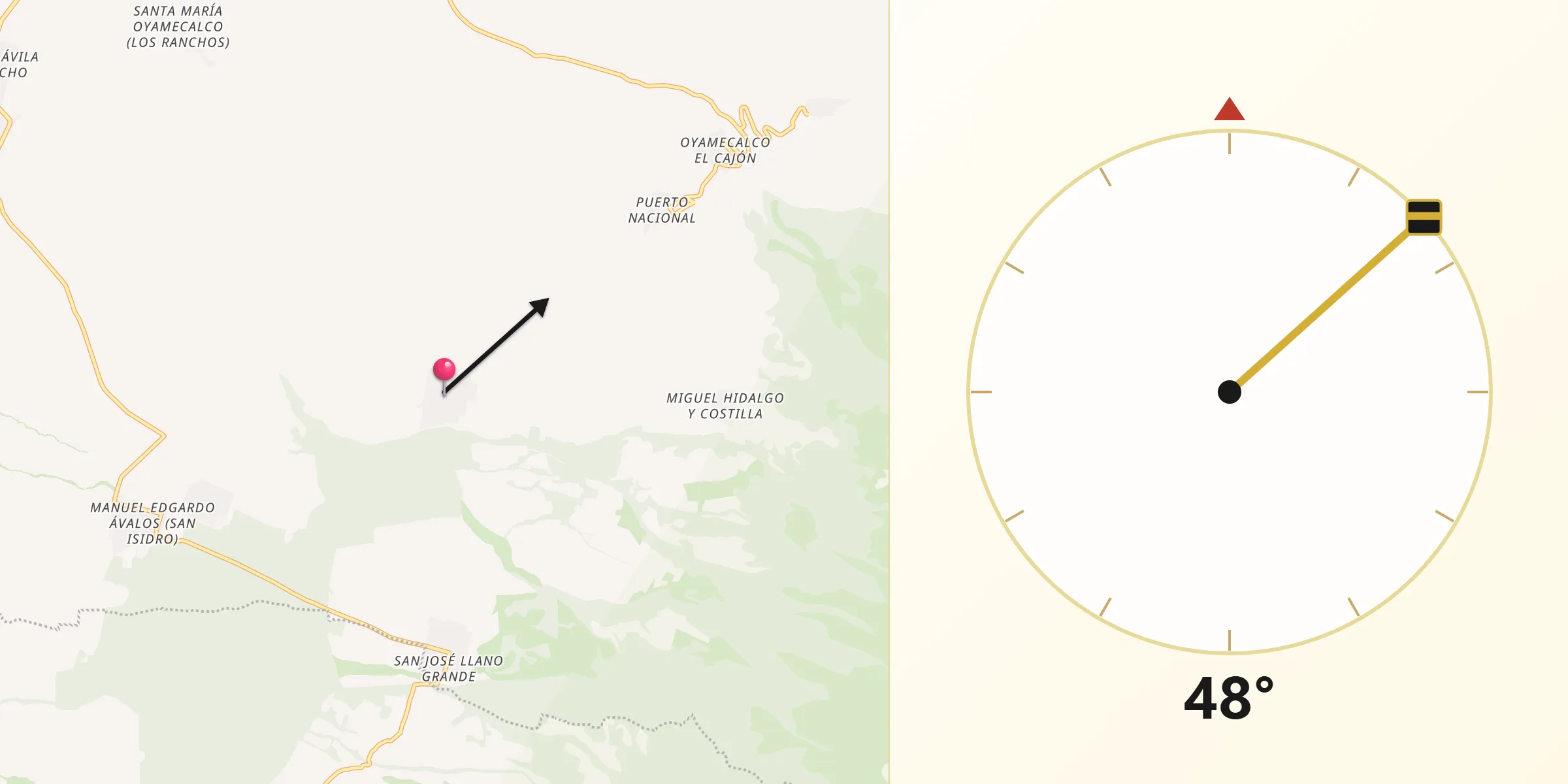 Dirección de la Qibla desde San Miguel Zoapan