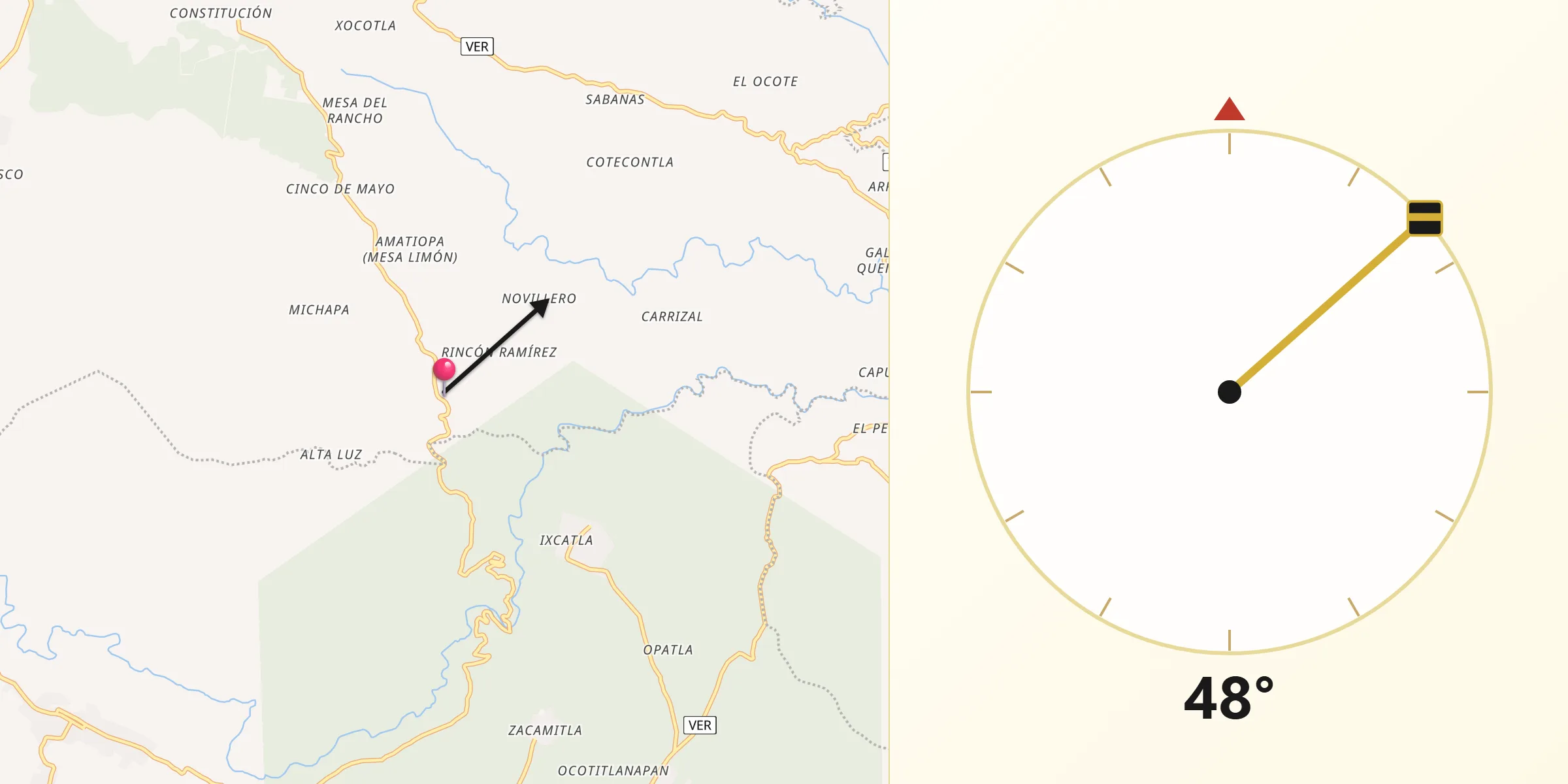Dirección de la Qibla desde Tlamatoca