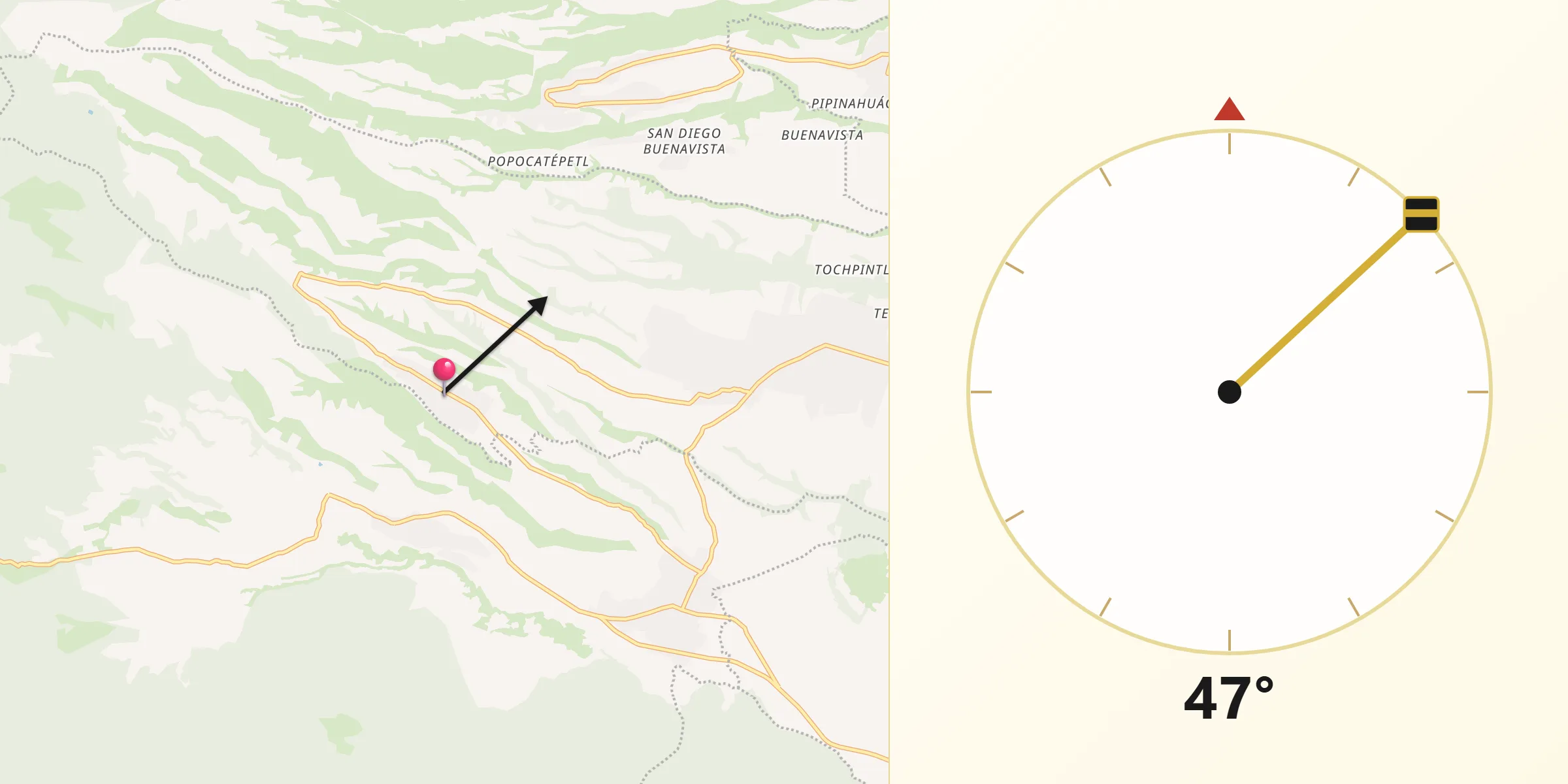 Dirección de la Qibla desde San Mateo Ozolco
