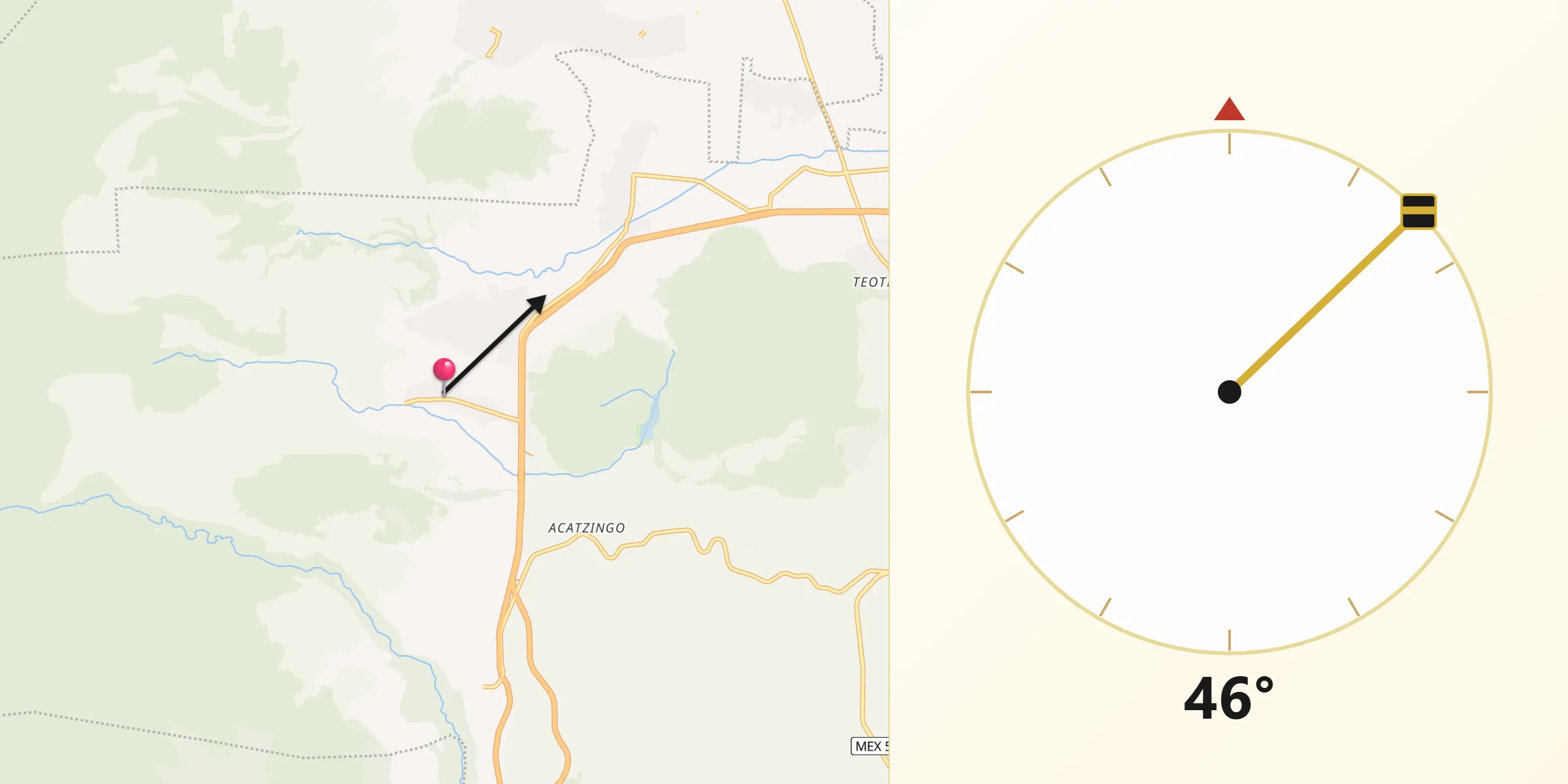 Dirección de la Qibla desde Santa Cruz Pueblo Nuevo (Pueblo Nuevo)