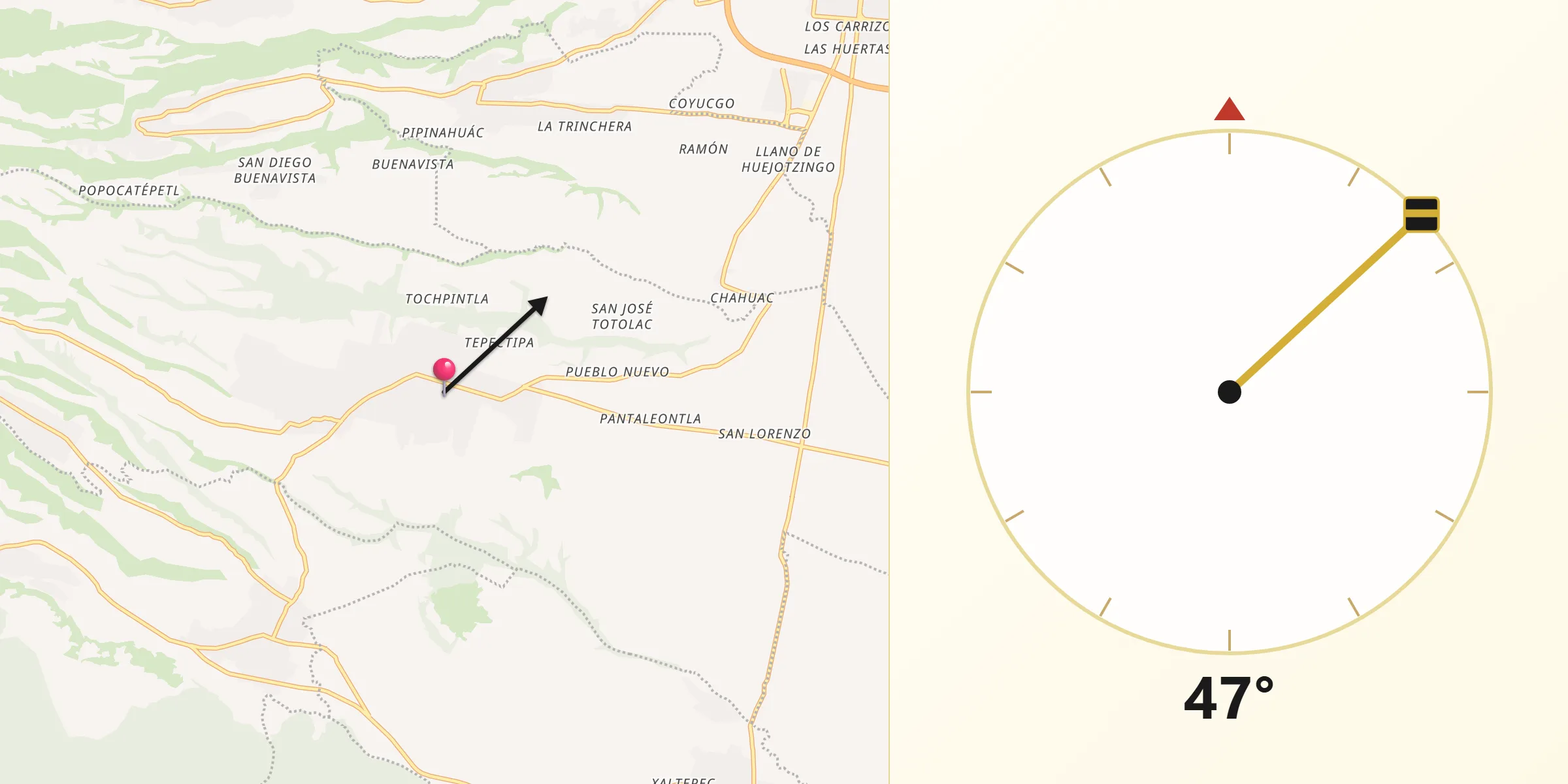 Dirección de la Qibla desde San Andrés Calpan