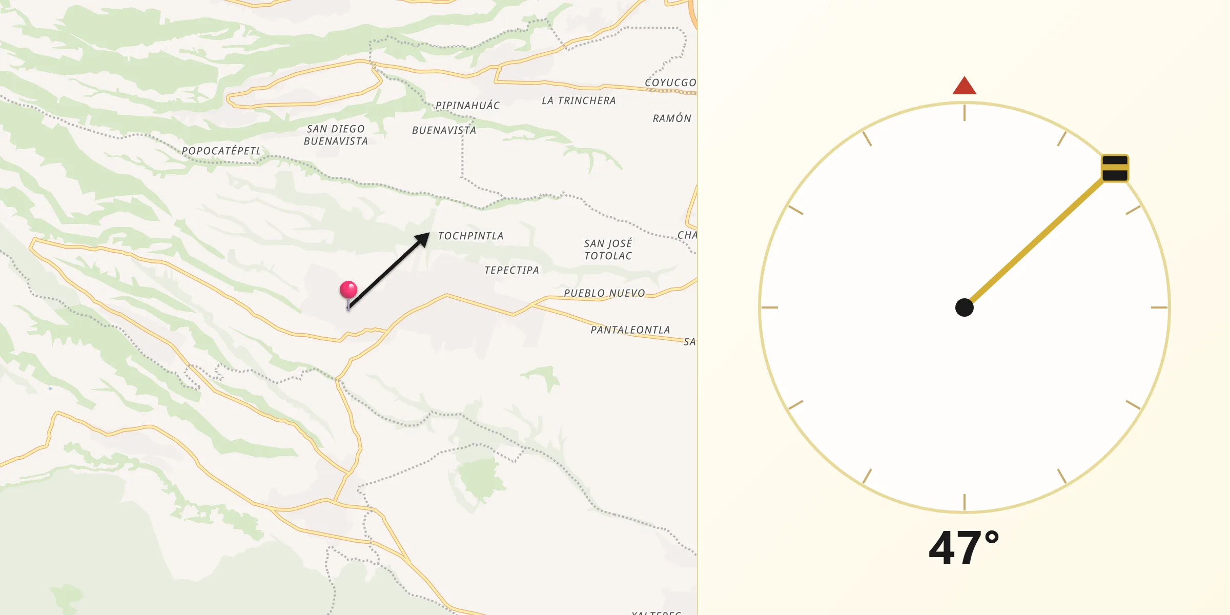 Dirección de la Qibla desde San Lucas Atzala