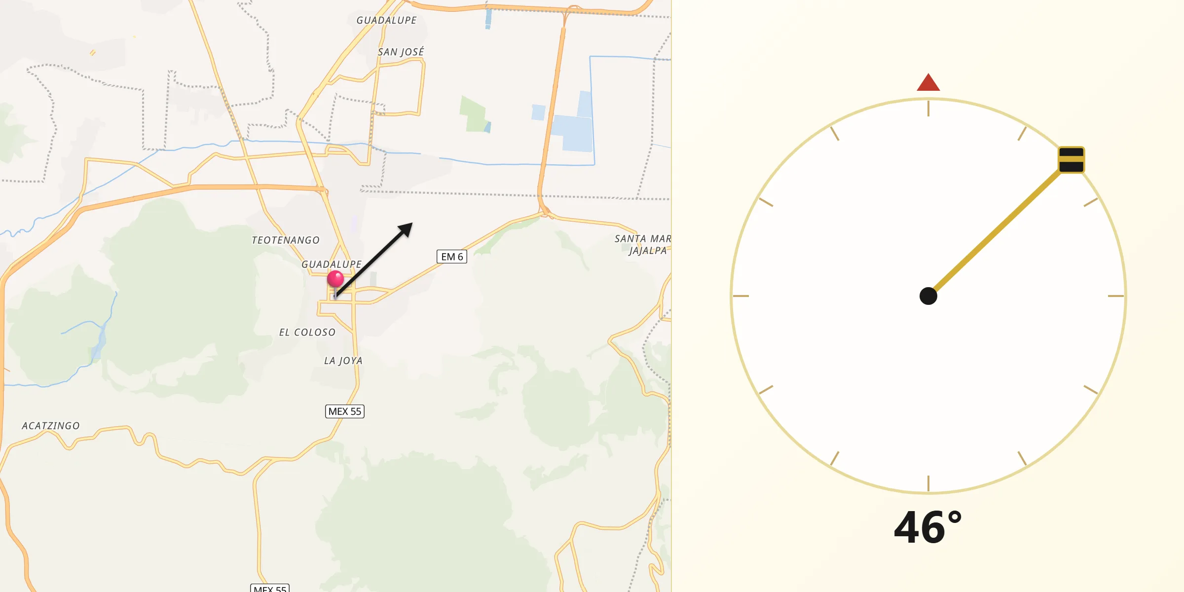 Dirección de la Qibla desde Tenango de Arista