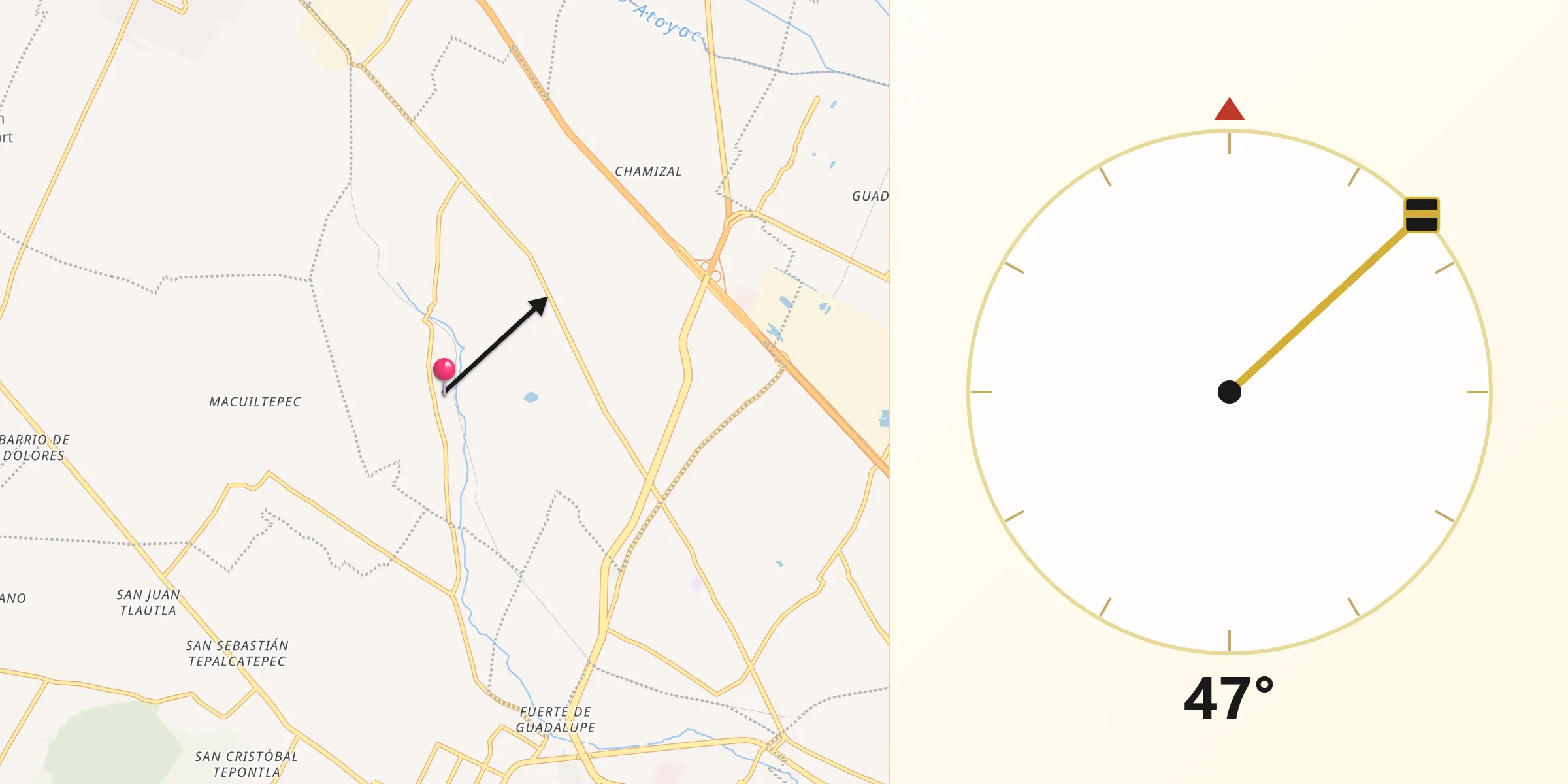 Dirección de la Qibla desde Coronango