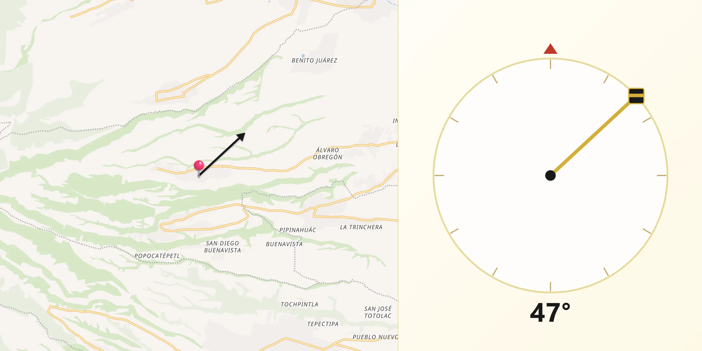 Dirección de la Qibla desde Santa María Nepopualco