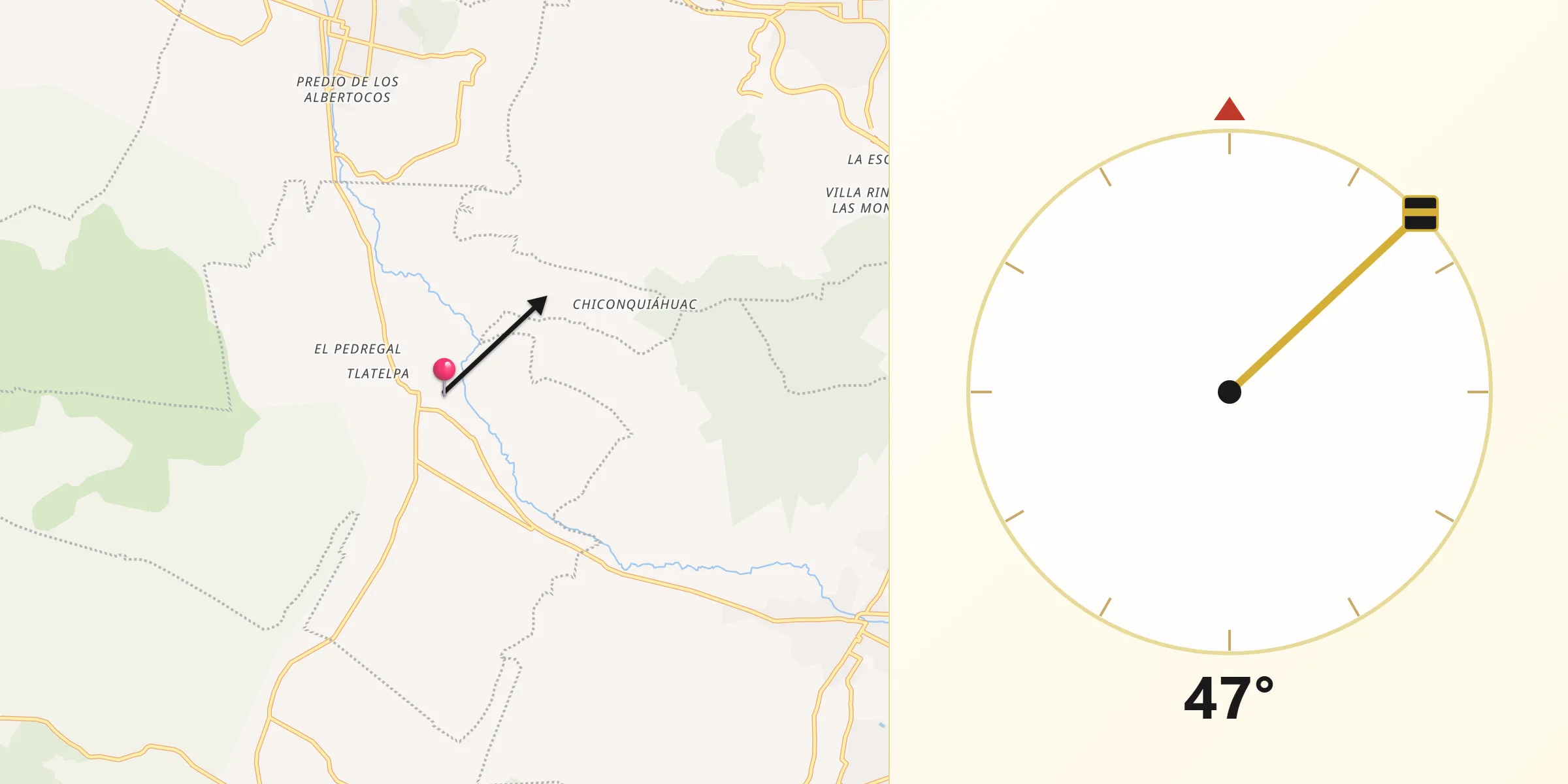 Dirección de la Qibla desde Tenango del Aire