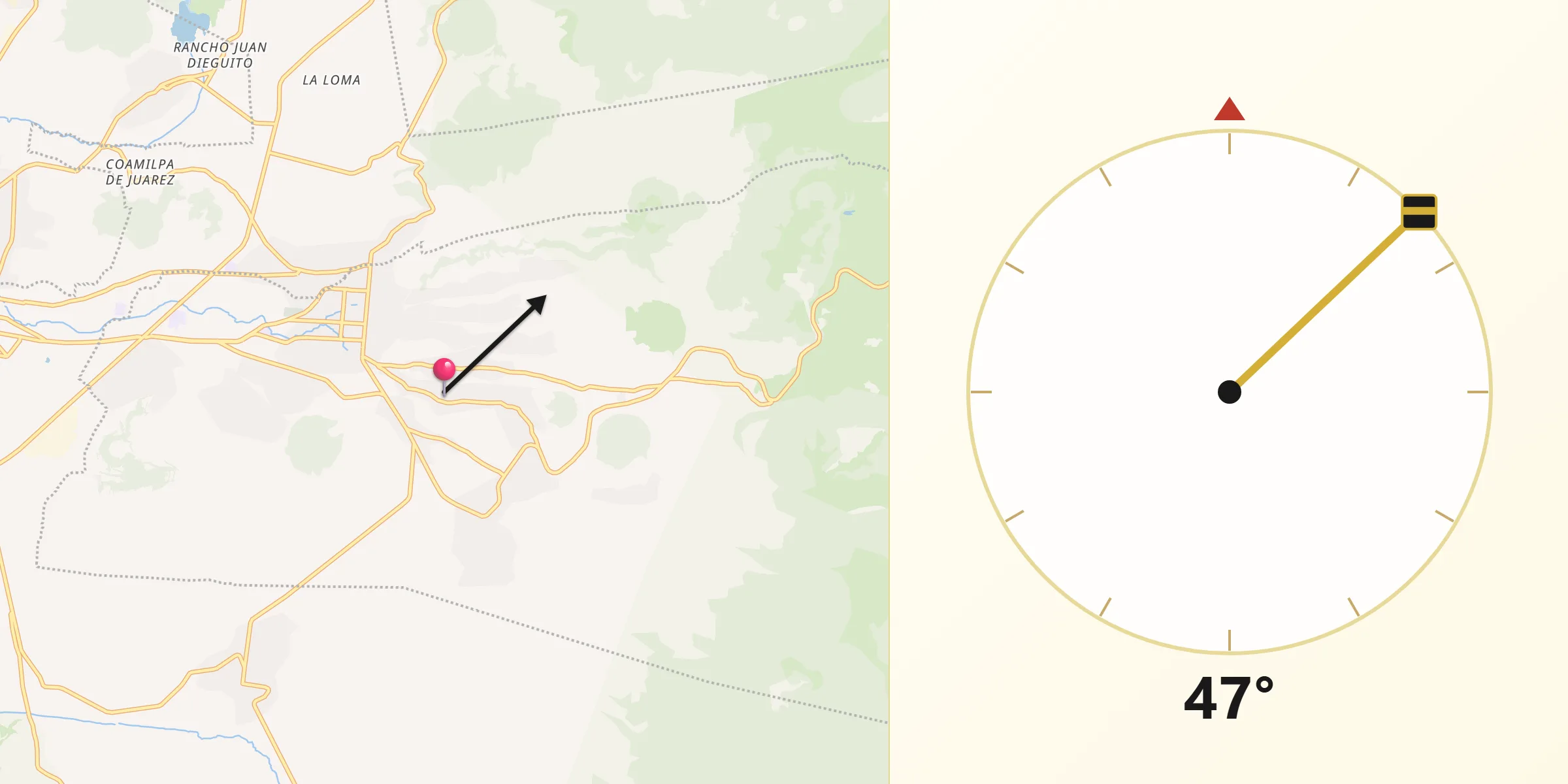 Dirección de la Qibla desde San Juan Tomasquillo Herradura
