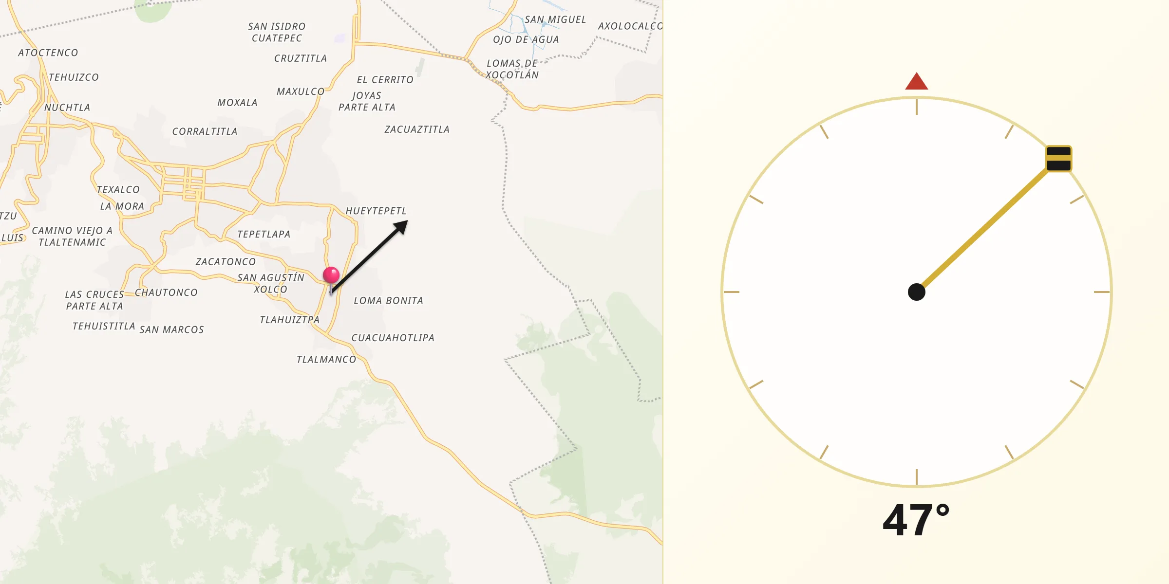 Dirección de la Qibla desde Santa Ana Tlacotenco