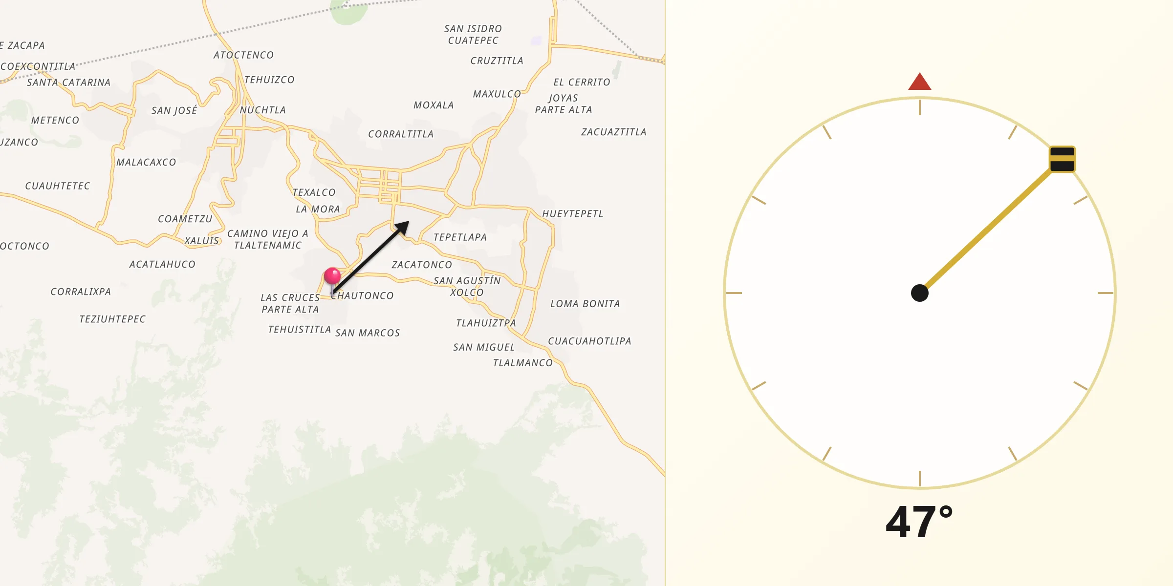 Dirección de la Qibla desde San Lorenzo Tlacoyucan
