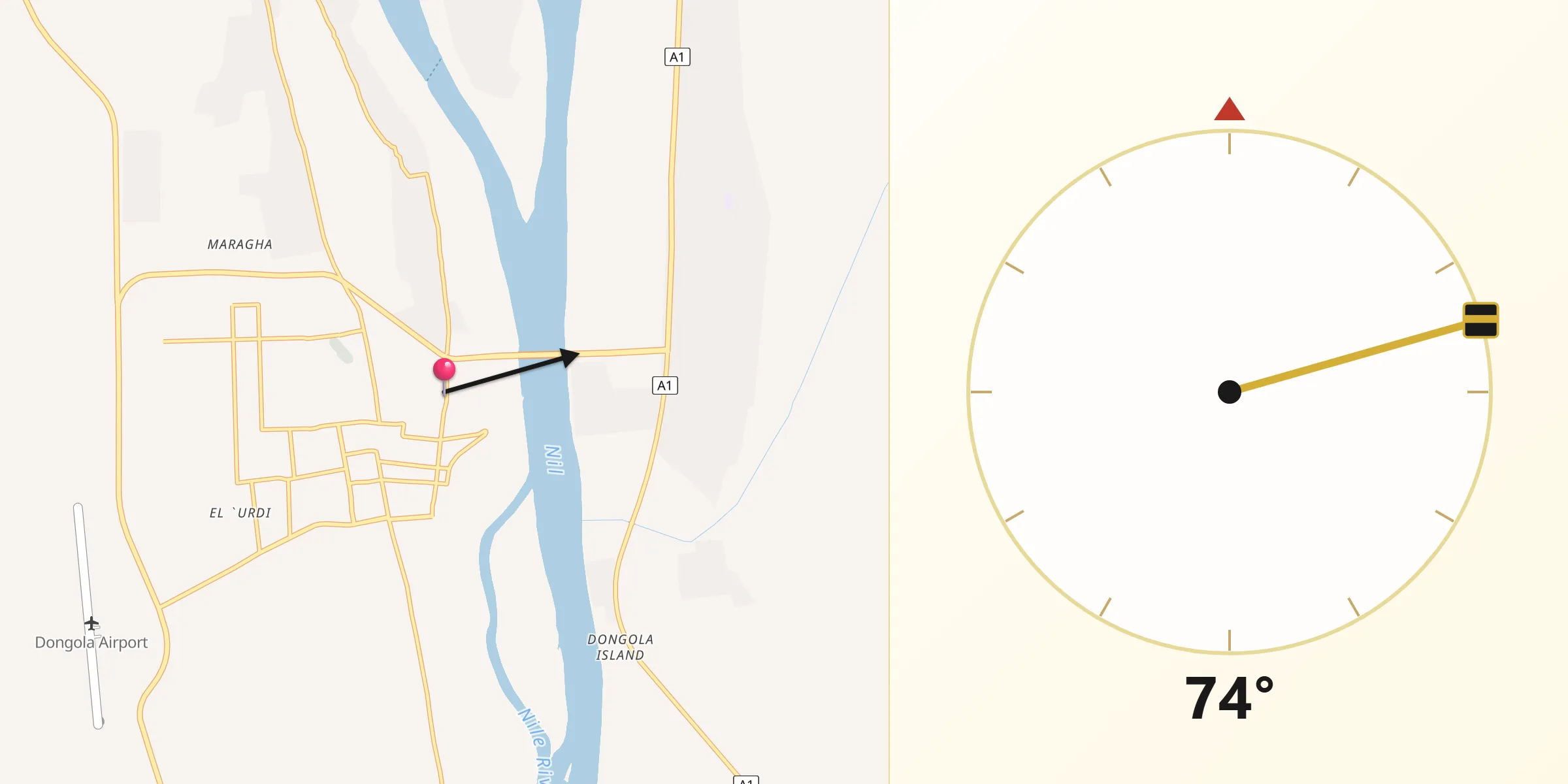 Direction vers la Qibla depuis Dongola