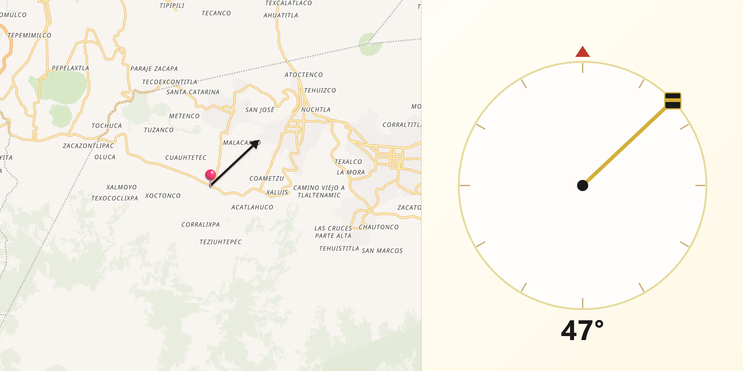 Dirección de la Qibla desde San Pablo Oztotepec