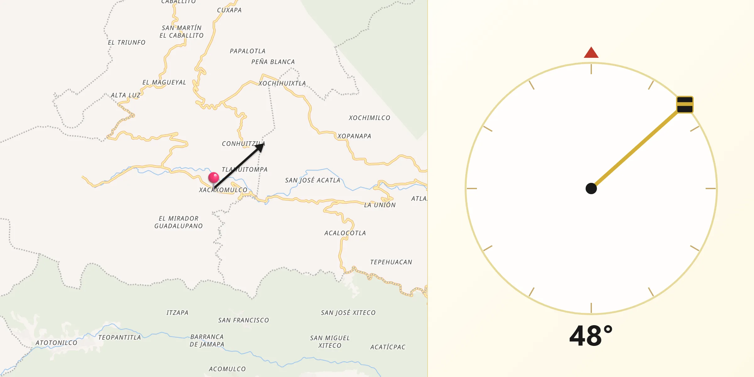 Dirección de la Qibla desde Xacaxomulco