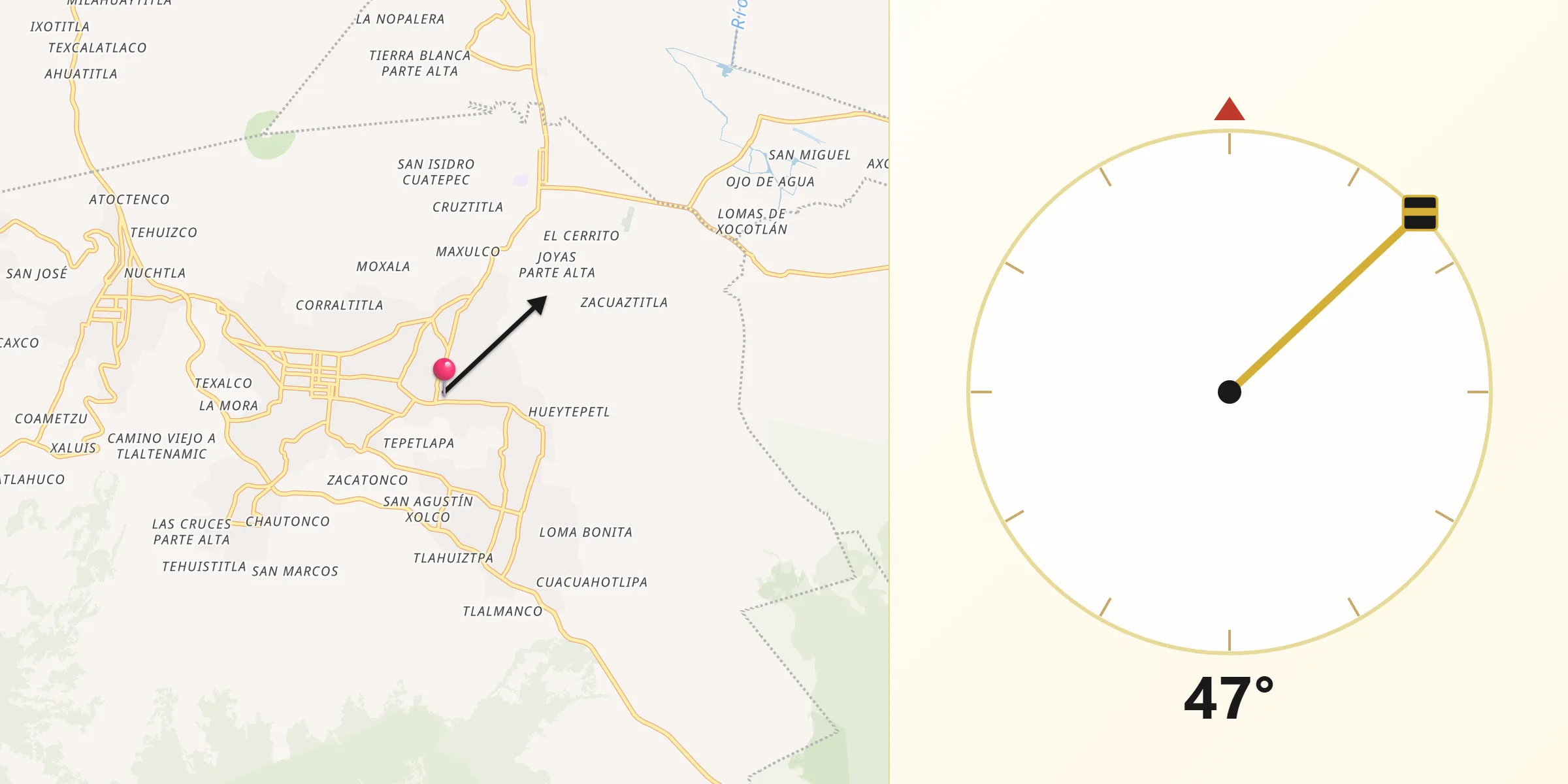 Dirección de la Qibla desde San Francisco Tecoxpa