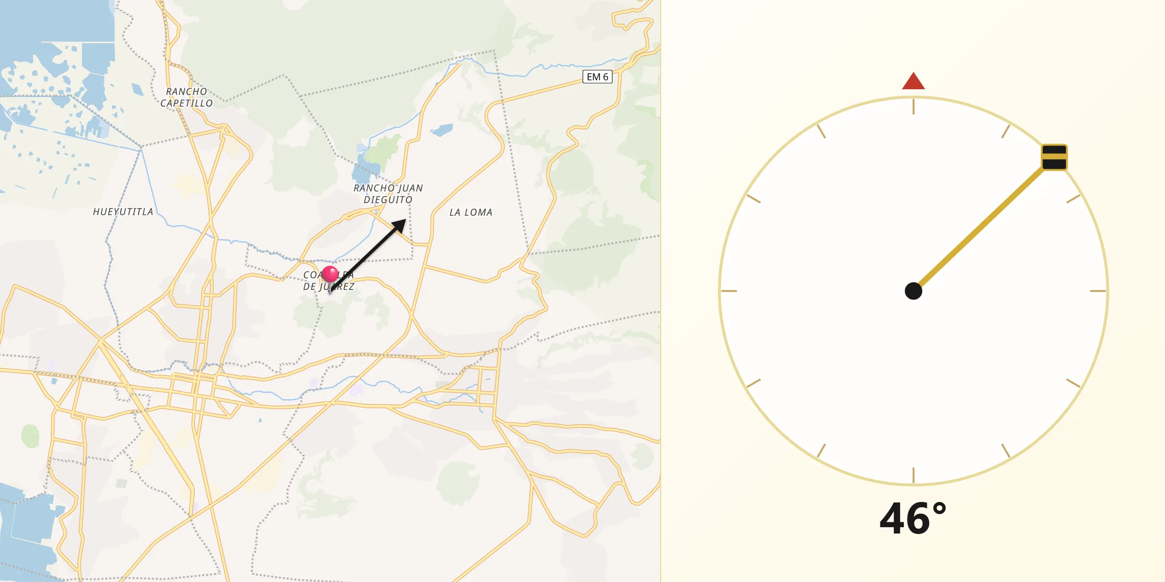 Dirección de la Qibla desde Coamilpa de Juárez
