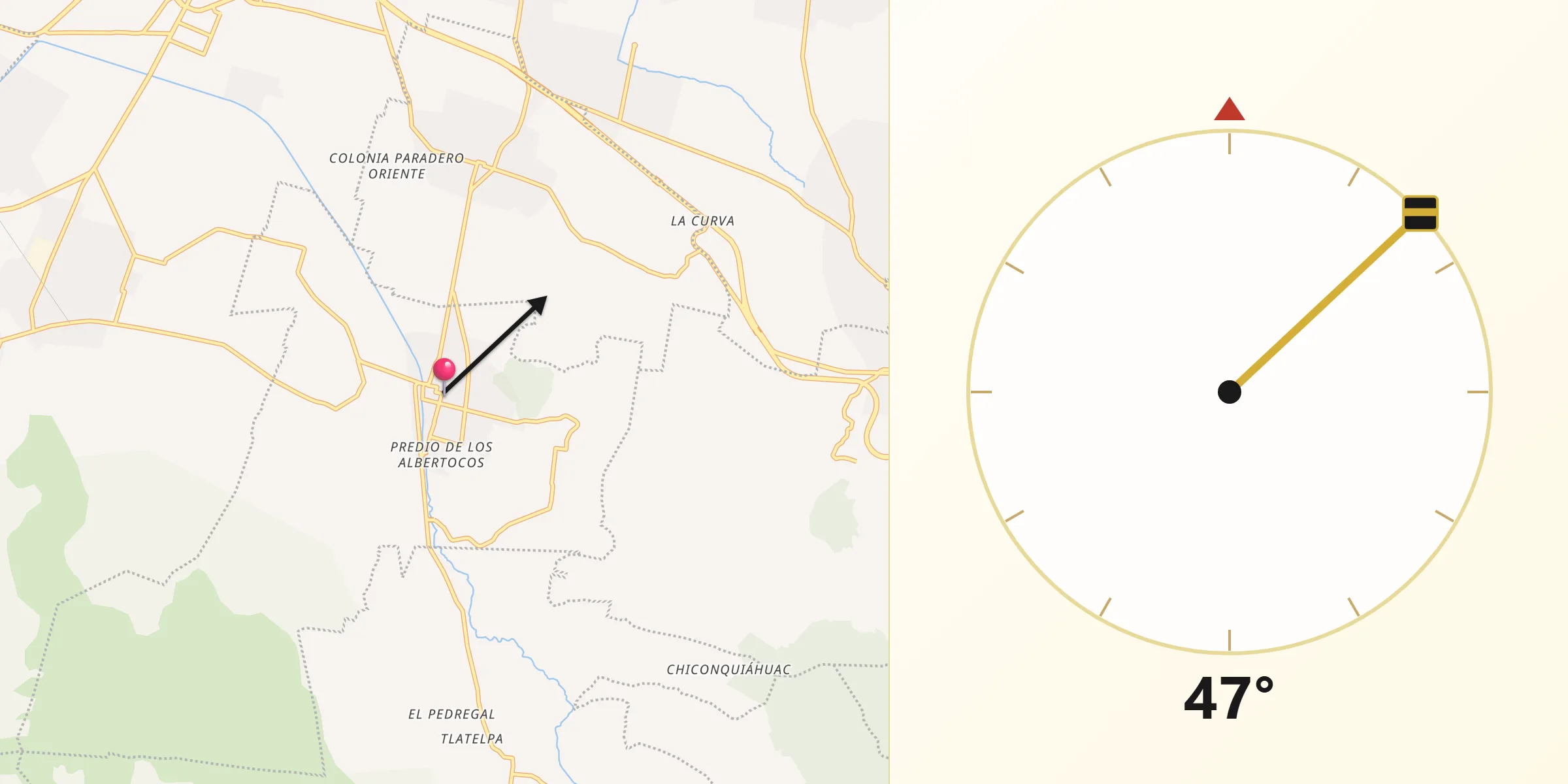 Dirección de la Qibla desde Temamatla