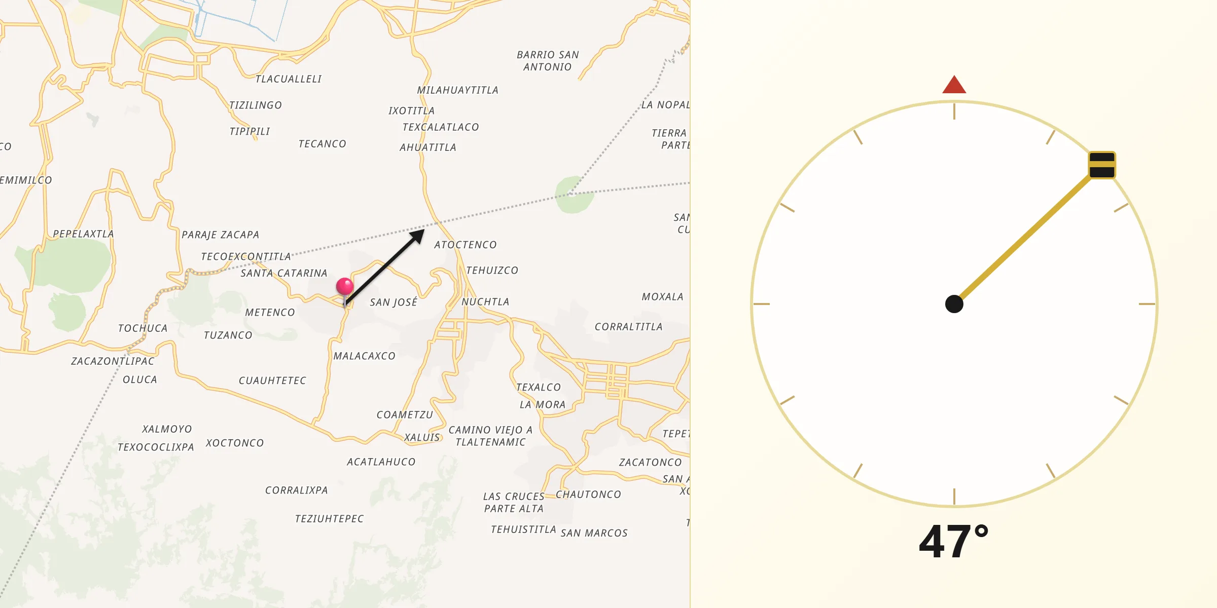 Dirección de la Qibla desde San Bartolome Xicomulco