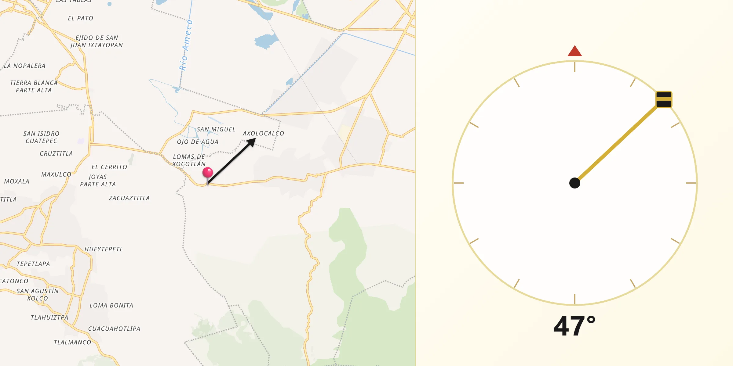 Dirección de la Qibla desde San Juan y San Pedro Tezompa