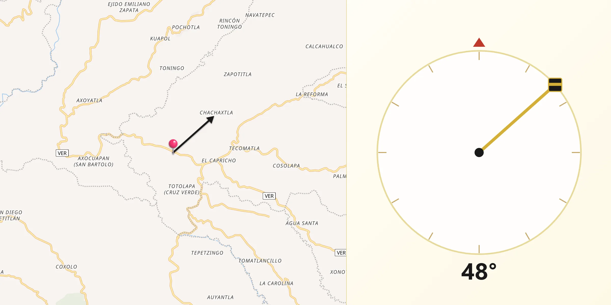 Dirección de la Qibla desde Totutla