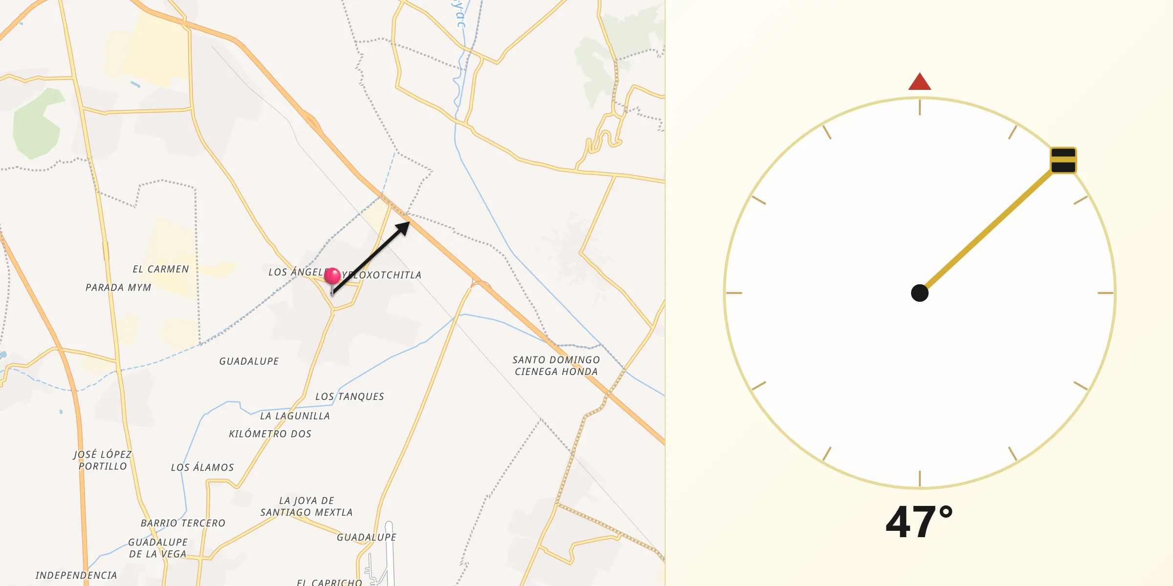 Dirección de la Qibla desde Santa Ana Xalmimilulco