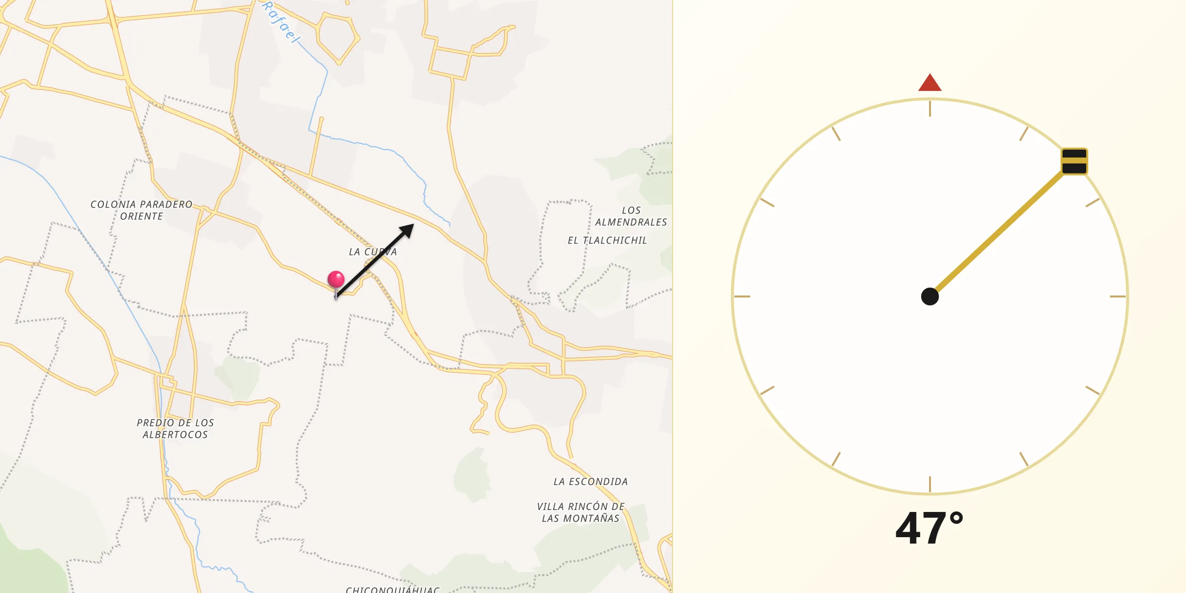 Dirección de la Qibla desde San Andrés Metla