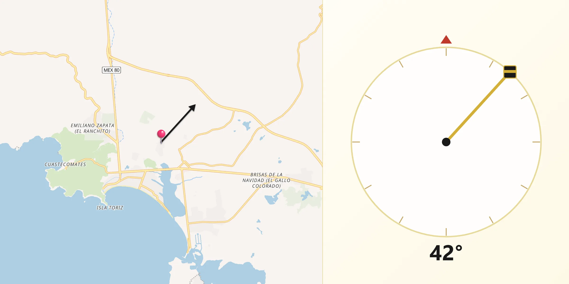 Dirección de la Qibla desde Colonia Pinal Villa