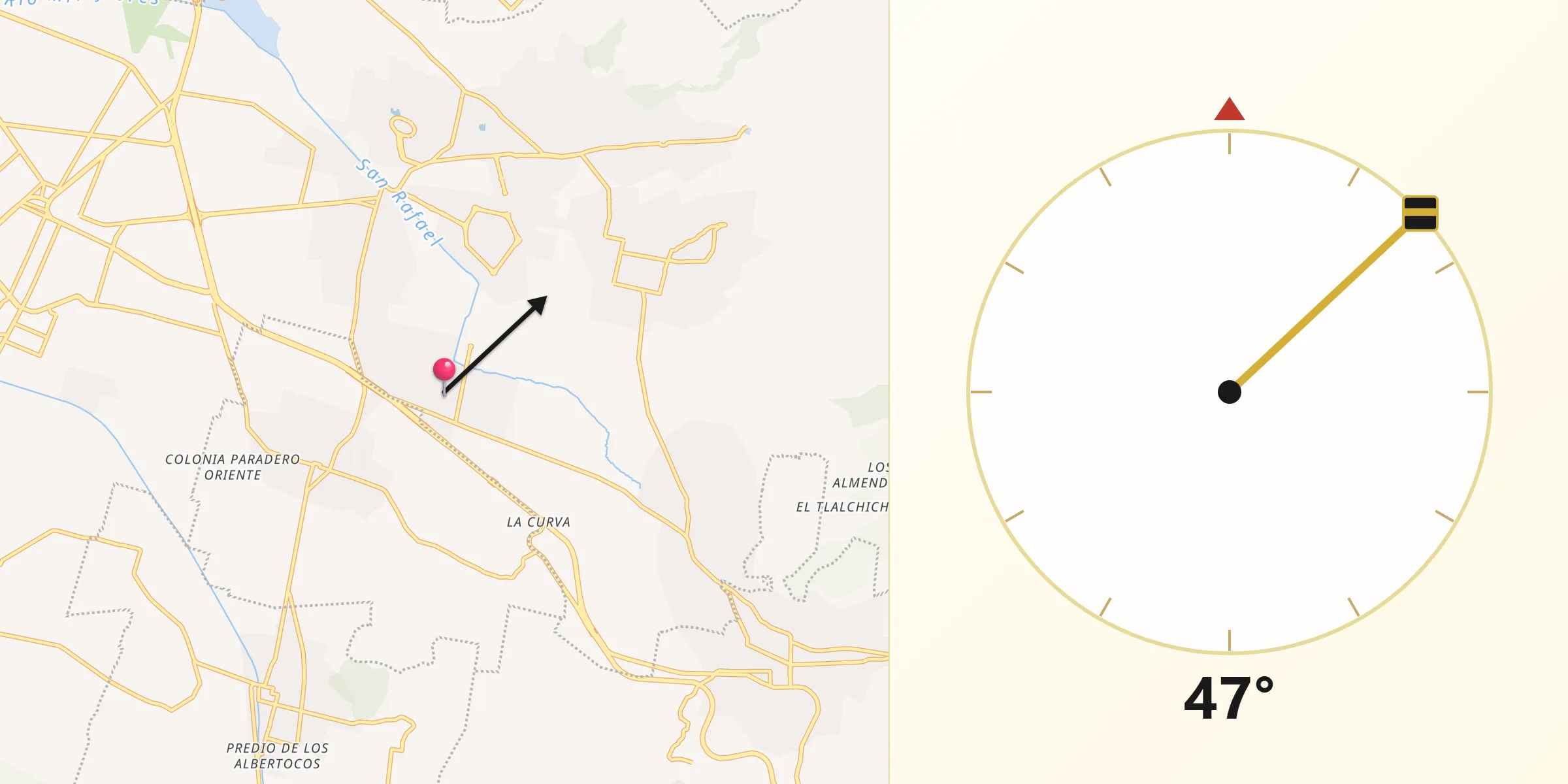 Dirección de la Qibla desde La Candelaria Tlapala