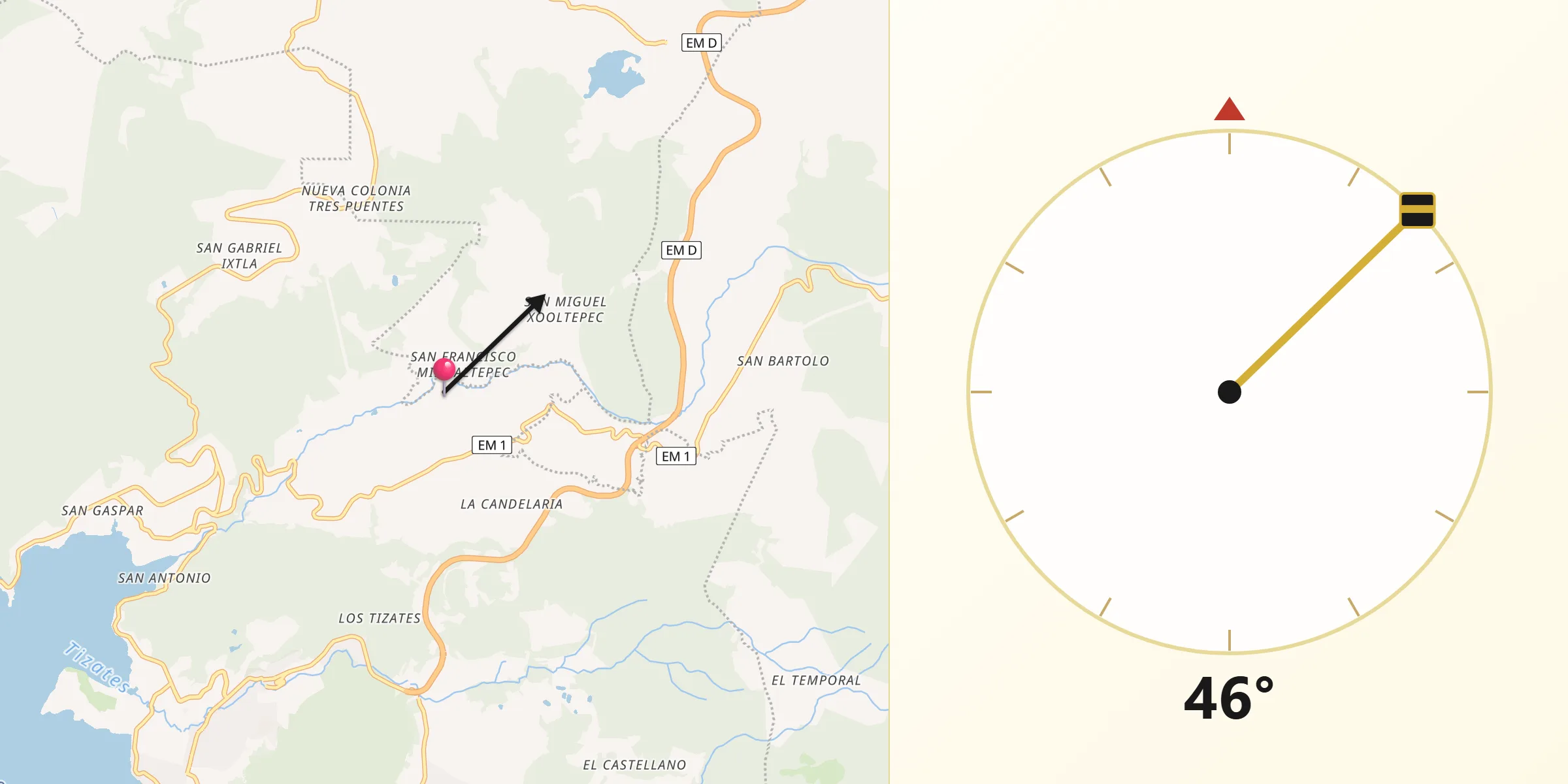 Dirección de la Qibla desde Santa María Pipioltepec (Pipioltepec)