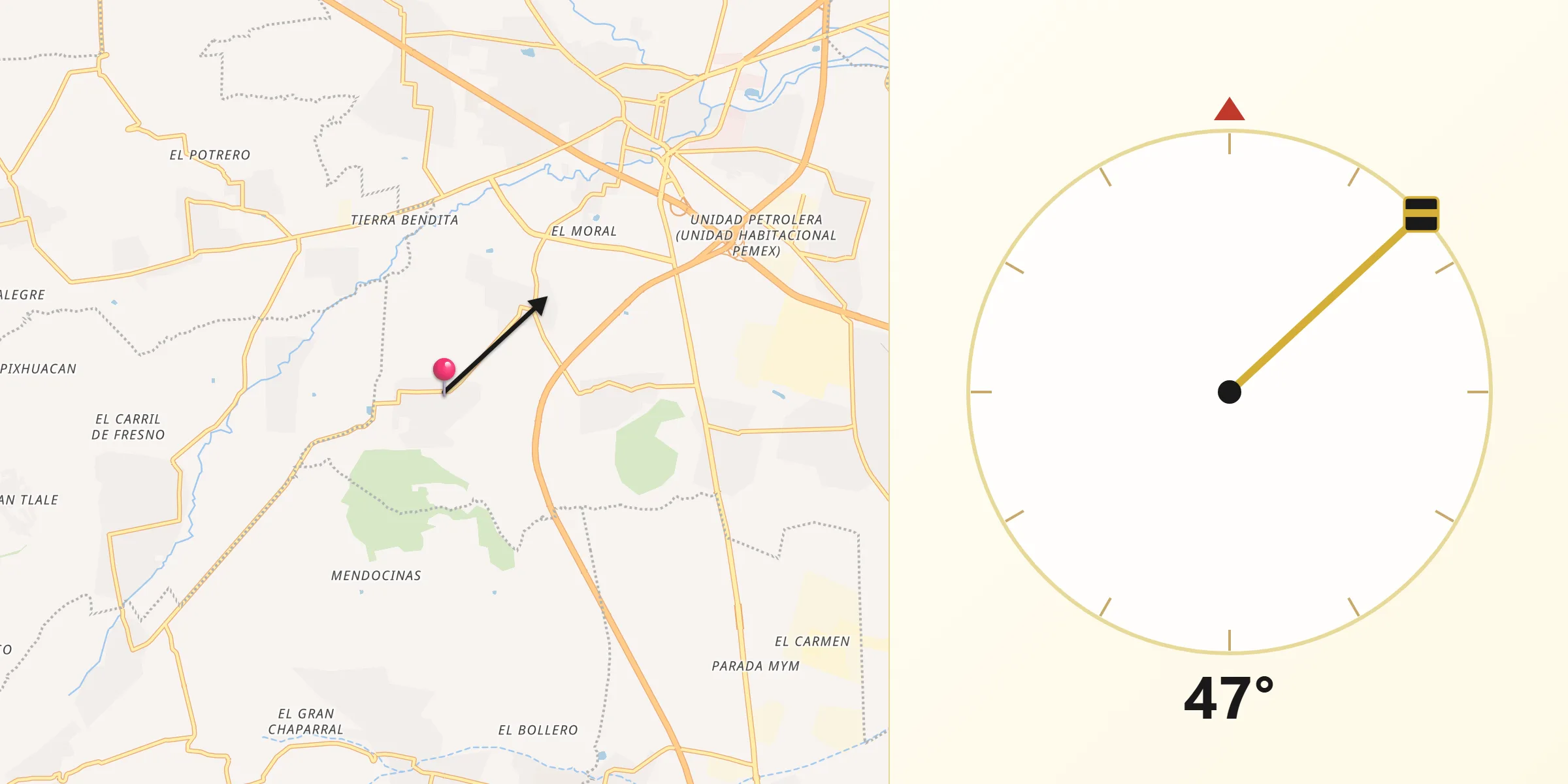 Dirección de la Qibla desde San Buenaventura Tecaltzingo