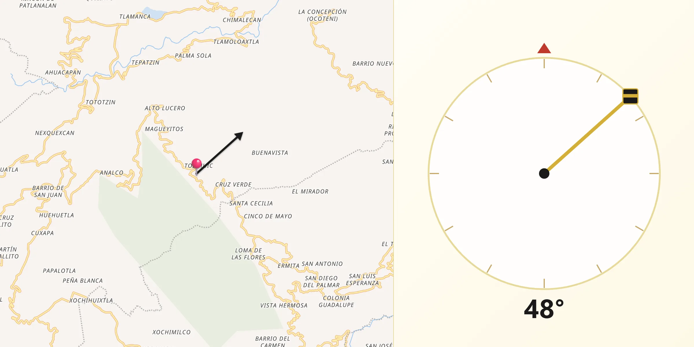 Dirección de la Qibla desde Tozihuic