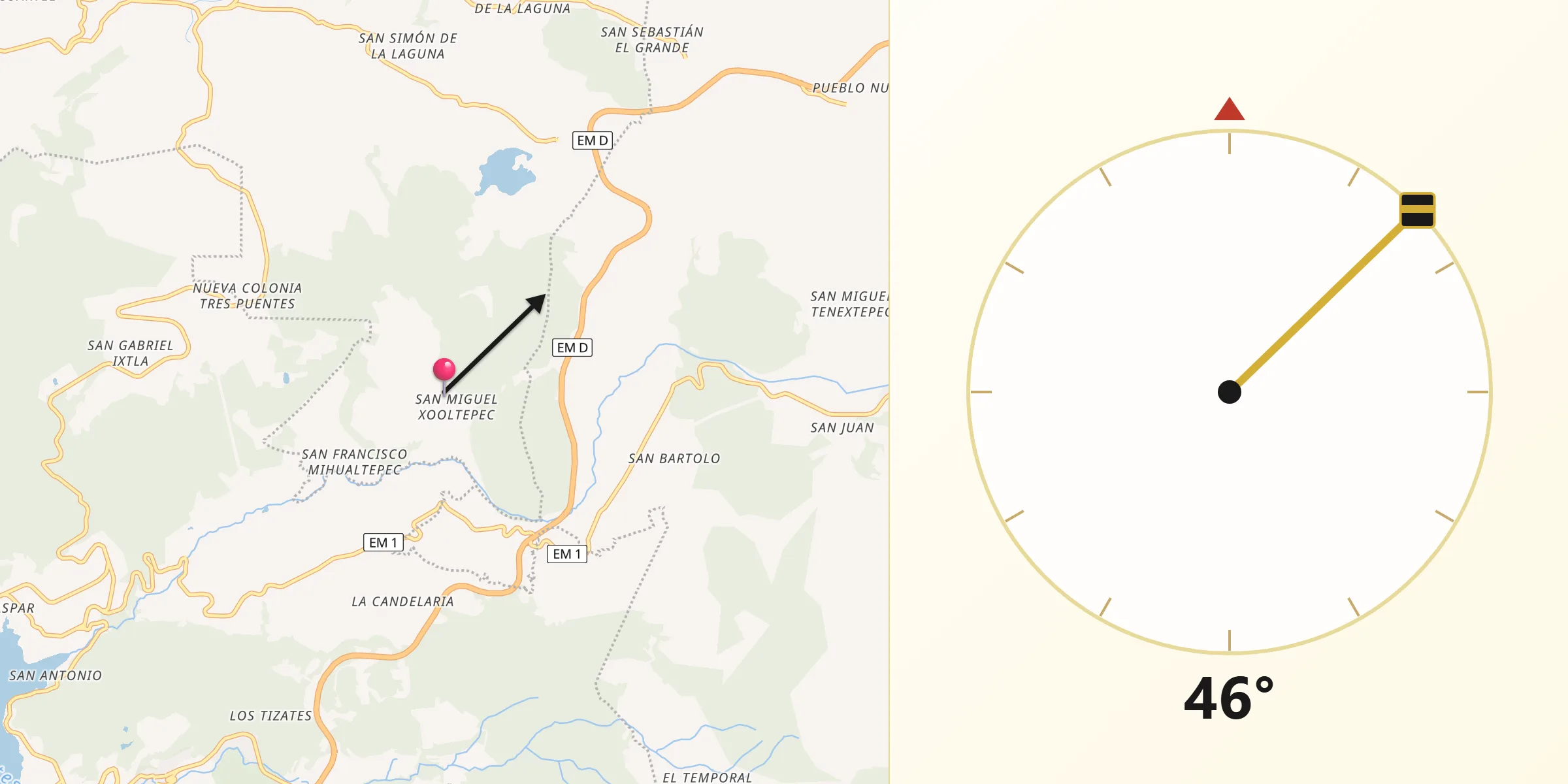 Dirección de la Qibla desde San Miguel Xoltepec