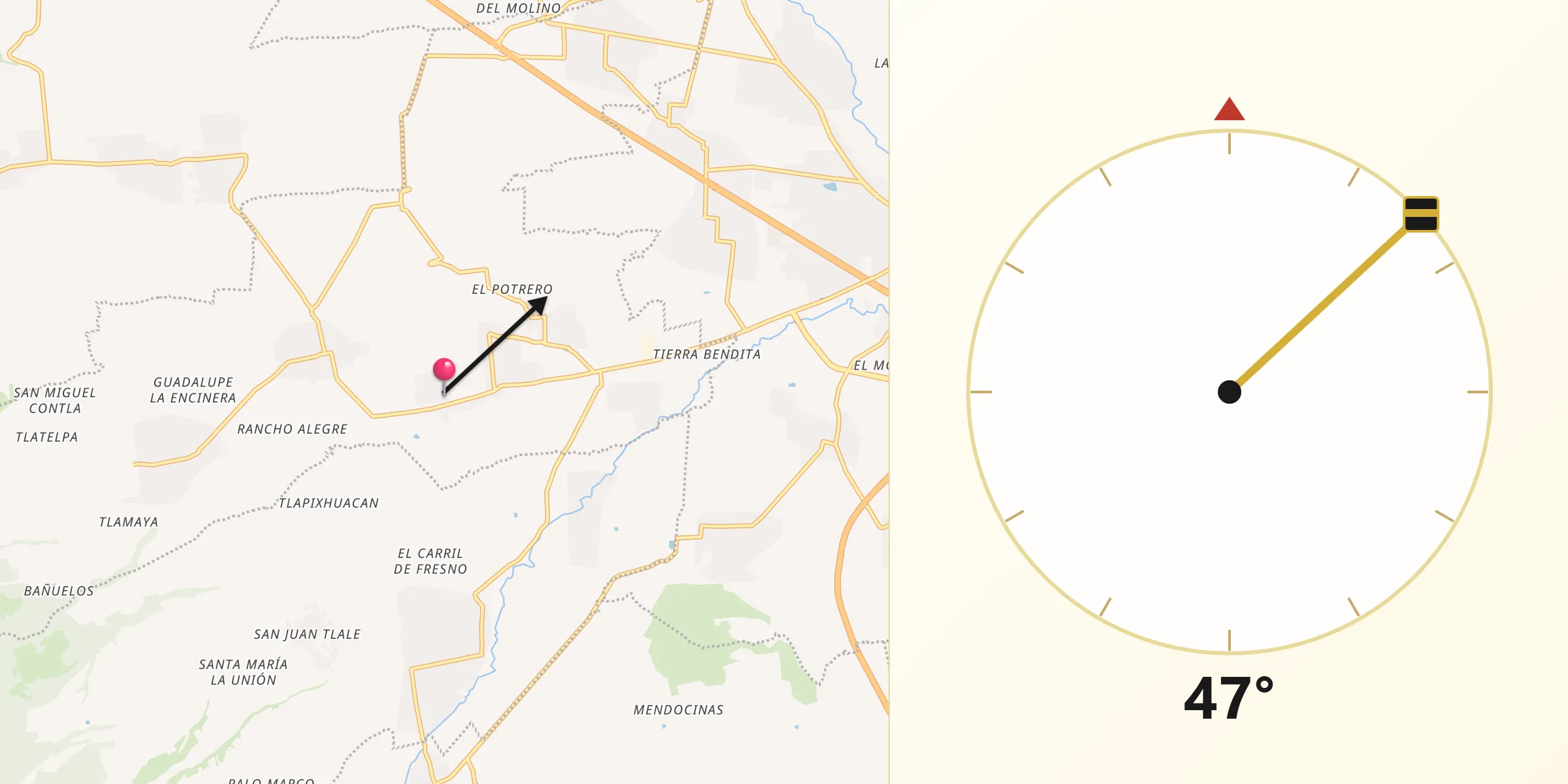 Dirección de la Qibla desde Analco de Ponciano Arriaga (Santa Cruz Analco)