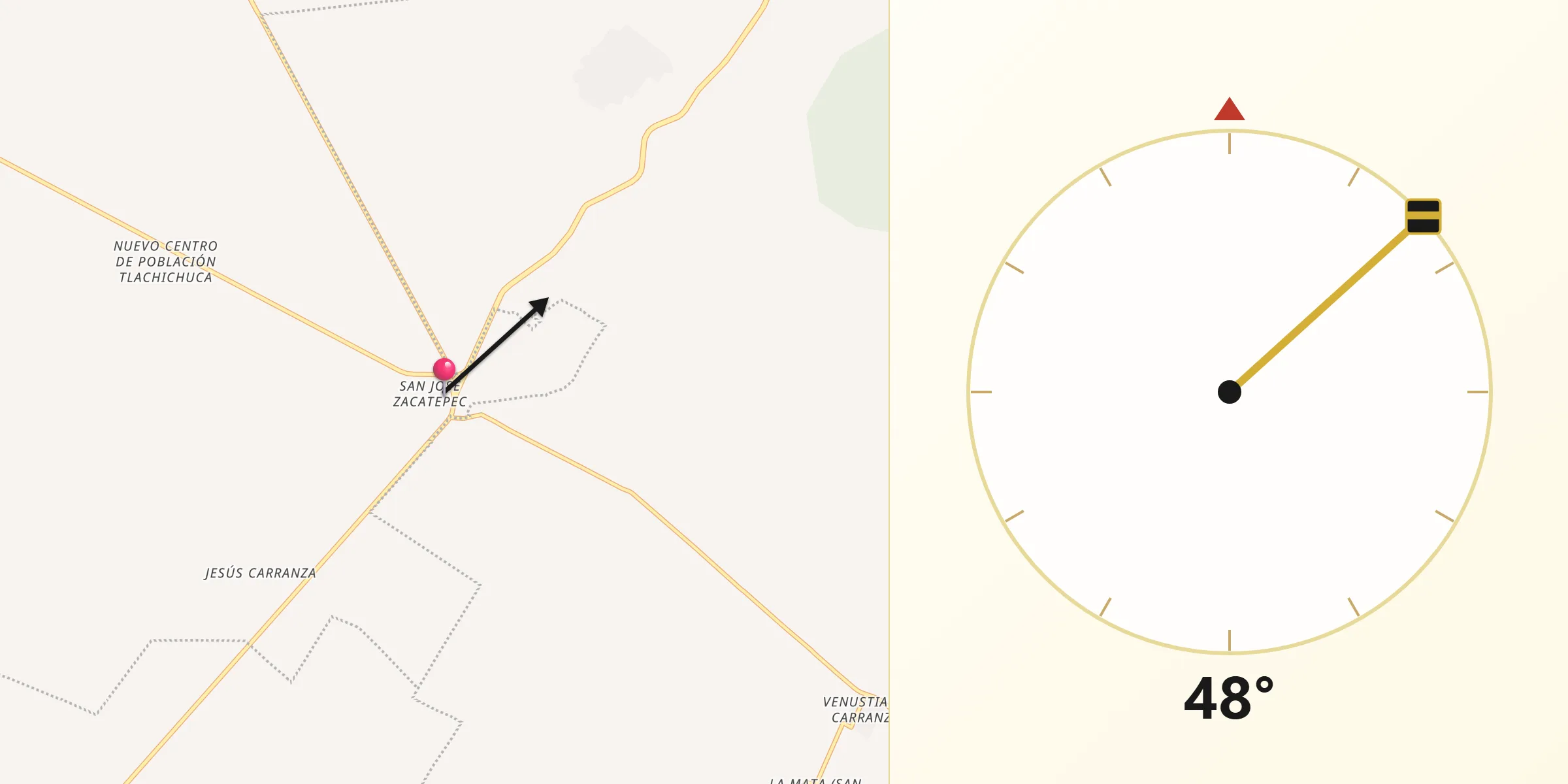 Dirección de la Qibla desde Zacatepec de Hidalgo