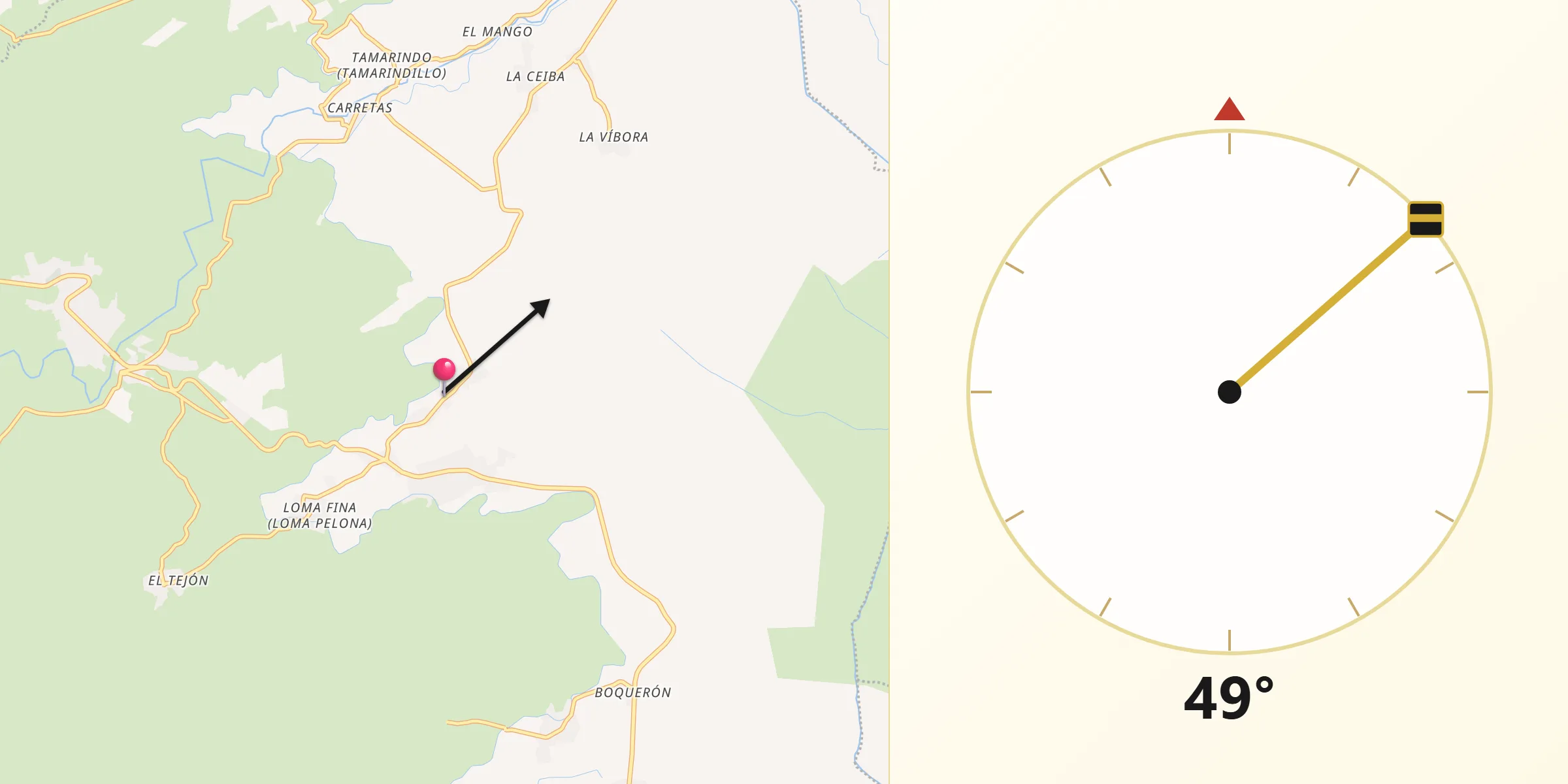 Dirección de la Qibla desde El Hatito
