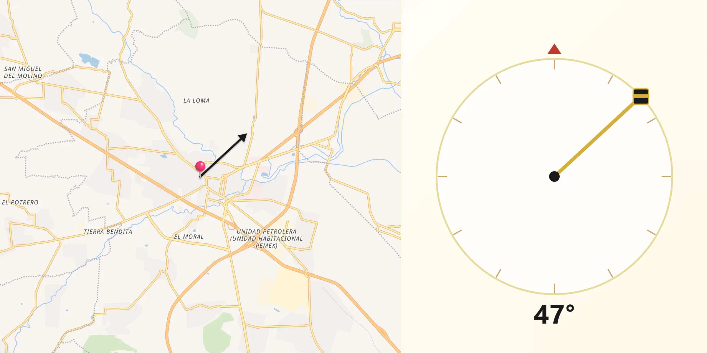 Dirección de la Qibla desde San Martin Texmelucan