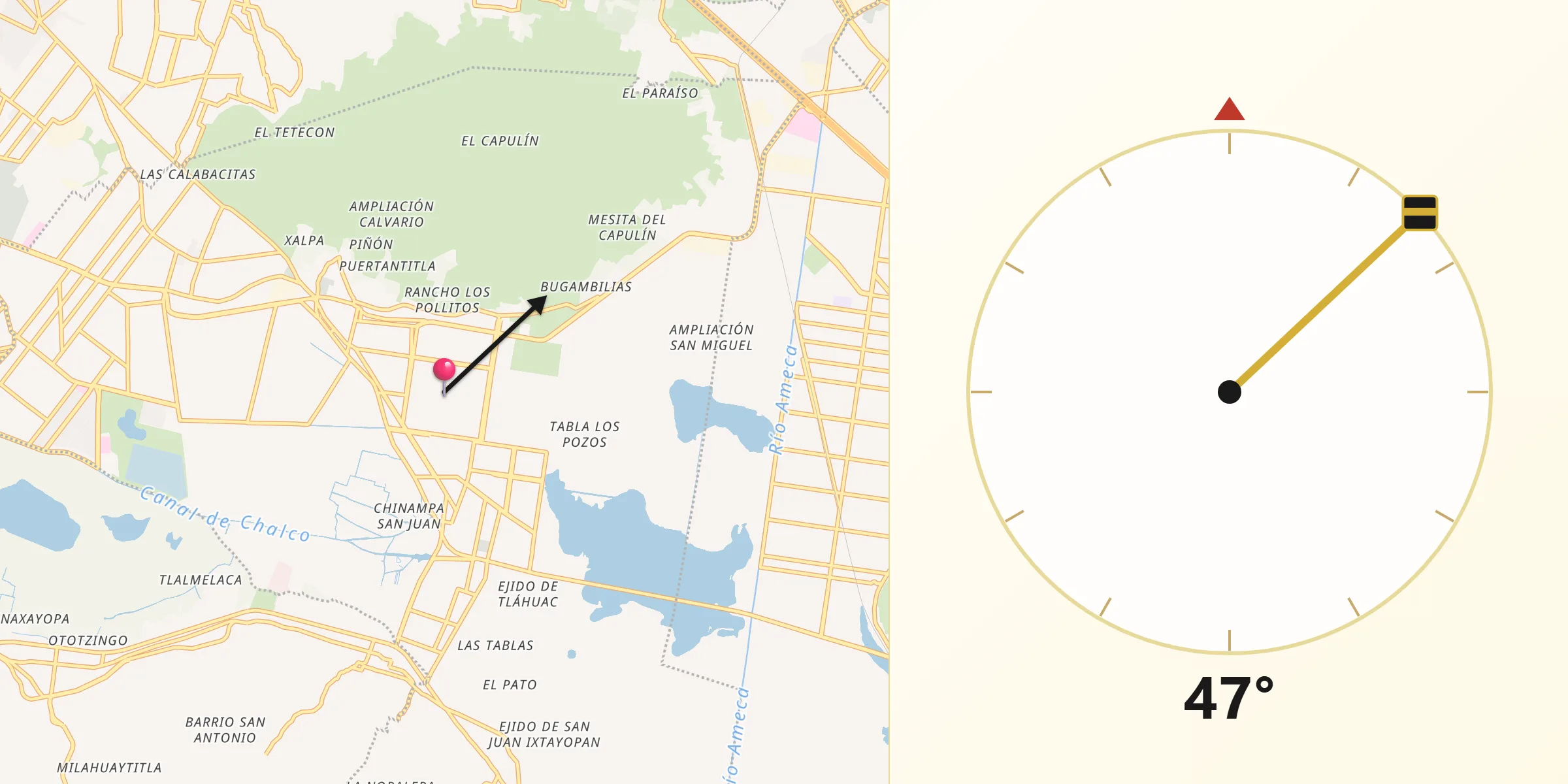 Dirección de la Qibla desde Tláhuac